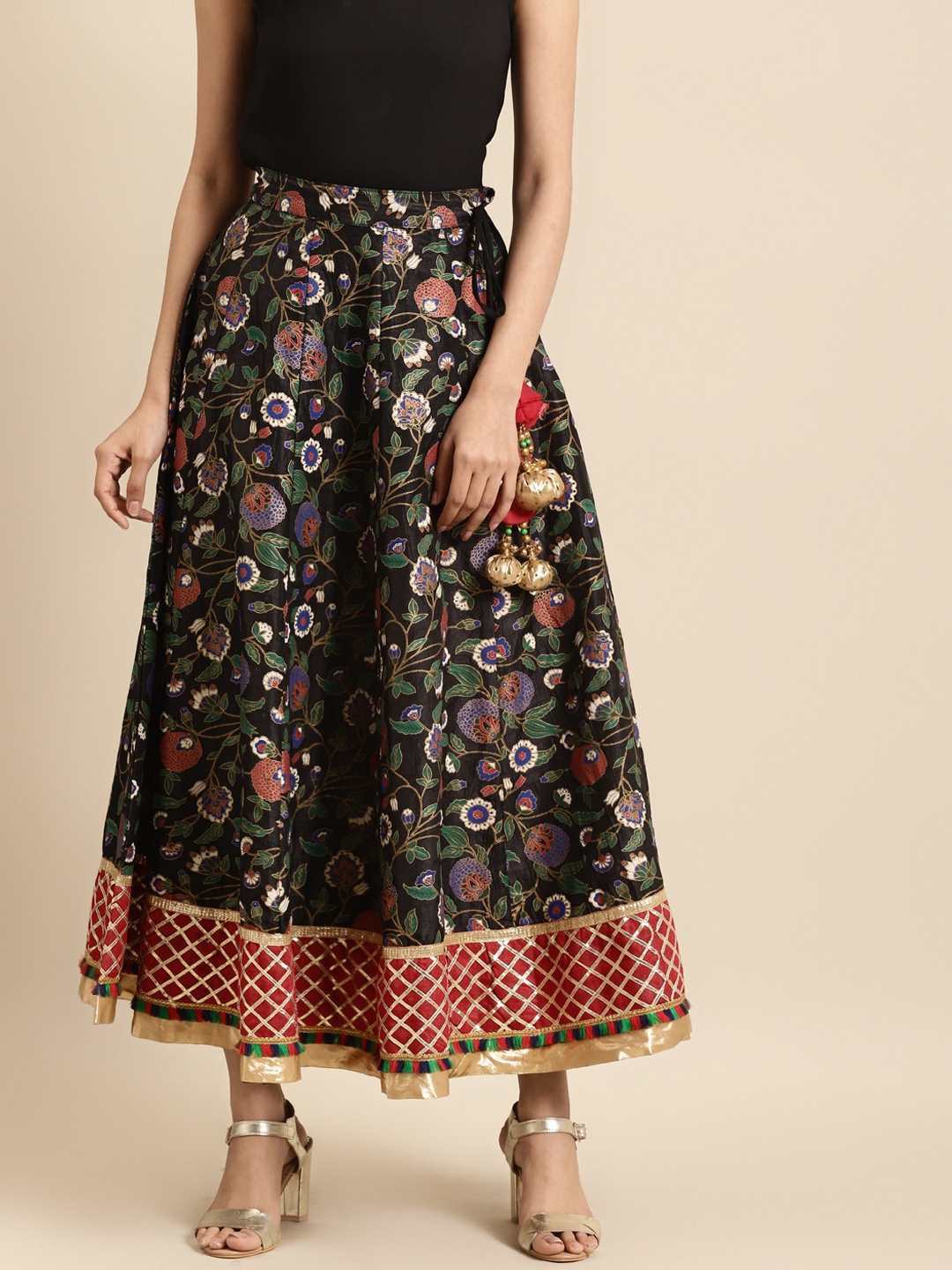 RANGMAYEE Women Black & Golden Foil Printed Flared Maxi Skirt