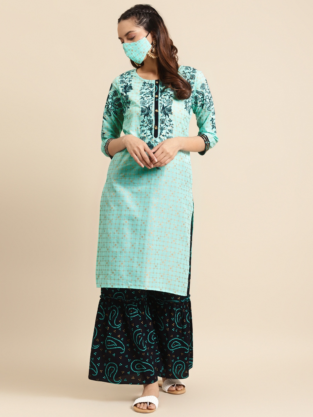 

RANGMAYEE Women Turquoise Blue & Golden Printed Cotton Kurta with Sharara & Matching Mask