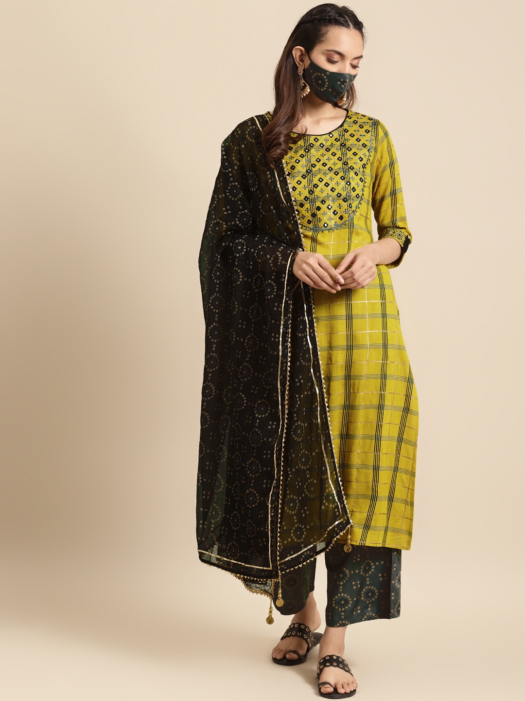 RANGMAYEE Women Lime Green & Grey Checked Kurta with Palazzos & Dupatta
