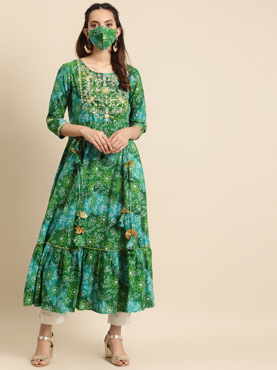 

Rangmayee Women Green & White Bandhani Print Gotta Patti A-line Pure Cotton Kurta