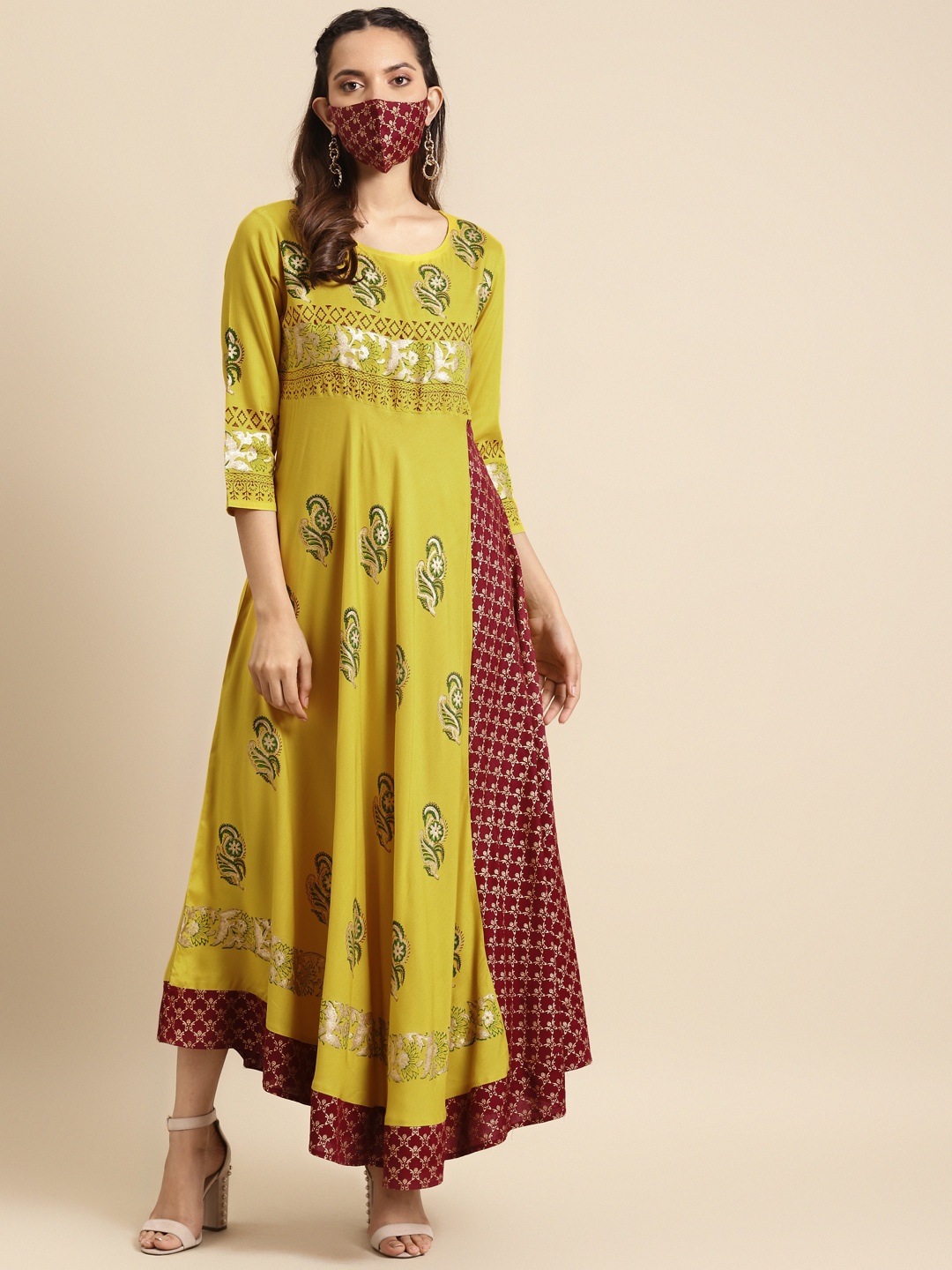 

RANGMAYEE Women Mustard Yellow & Maroon Printed Maxi Dress