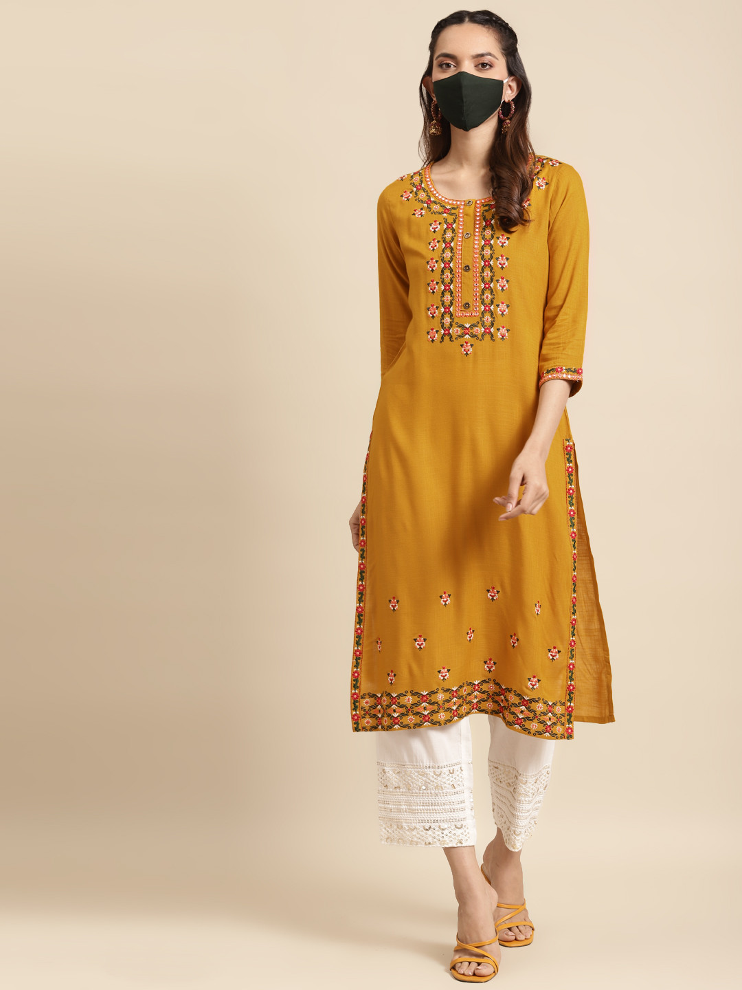 

RANGMAYEE Women Mustard Yellow & White Embroidered Kurta with Palazzos & Matching Mask