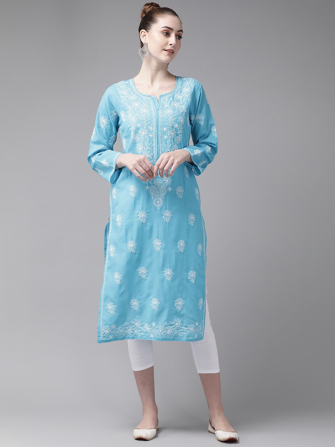 

ADA Women Blue & White Pure Cotton Chikankari Embroidered Kurta with Trousers