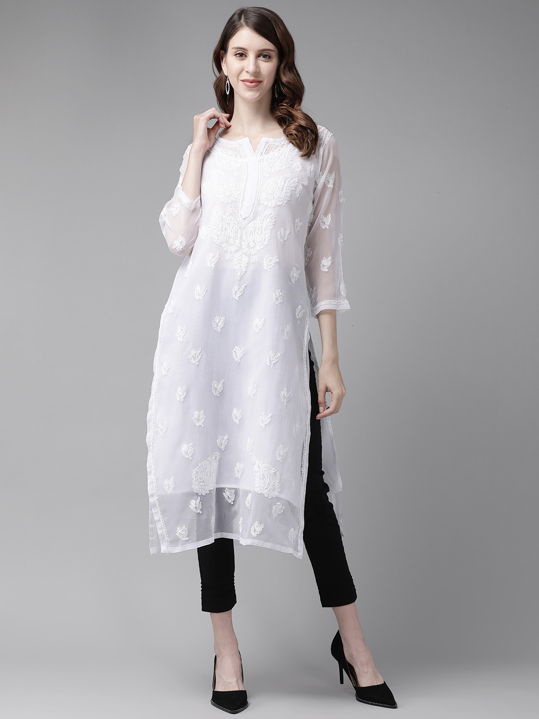 

ADA Women White & Black Chikankari Embroidered Handloom Kurta & Slip with Churidar