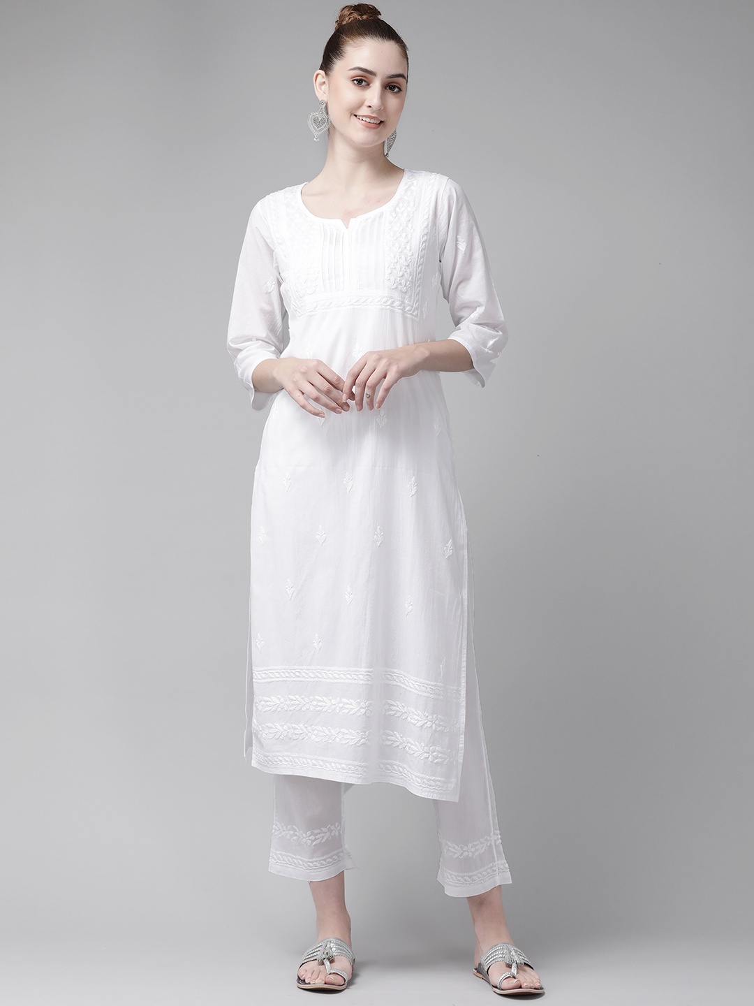 

ADA Women White Pure Cotton Chikankari Embroidered Kurta with Trousers