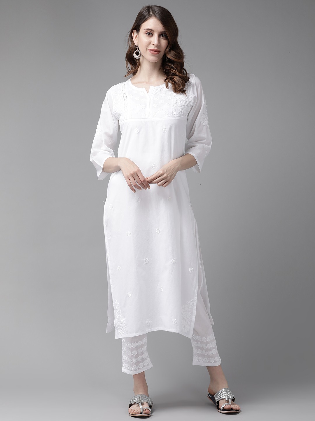 

ADA Women White Pure Cotton Chikankari Embroidered Handloom Kurta with Palazzos