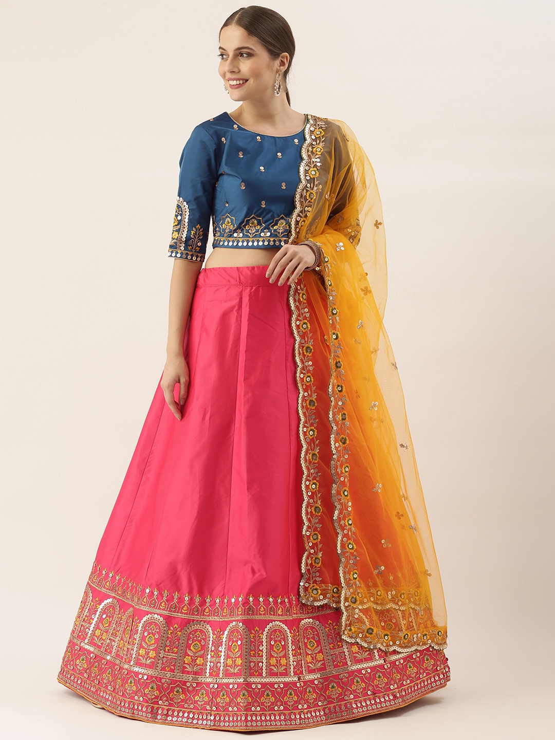 

Soch Pink & Yellow Art Silk Embroidered Lehenga Choli