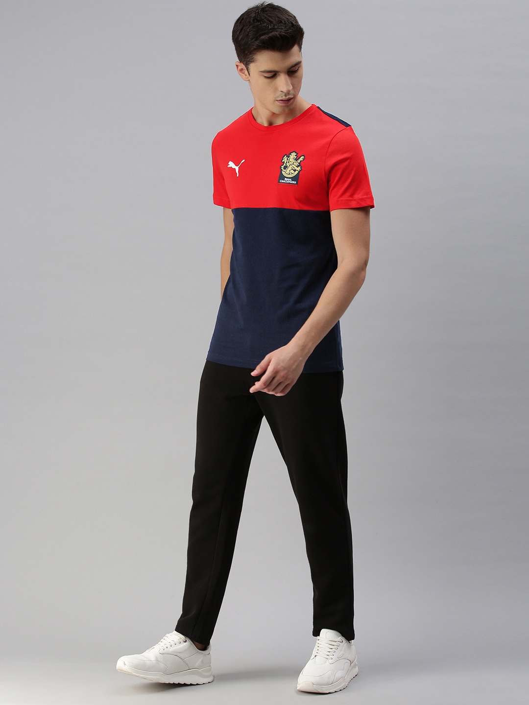 

Puma Men Navy Blue Red Colourblocked RCB Fanwear Slim Fit Pure Cotton T-shirt