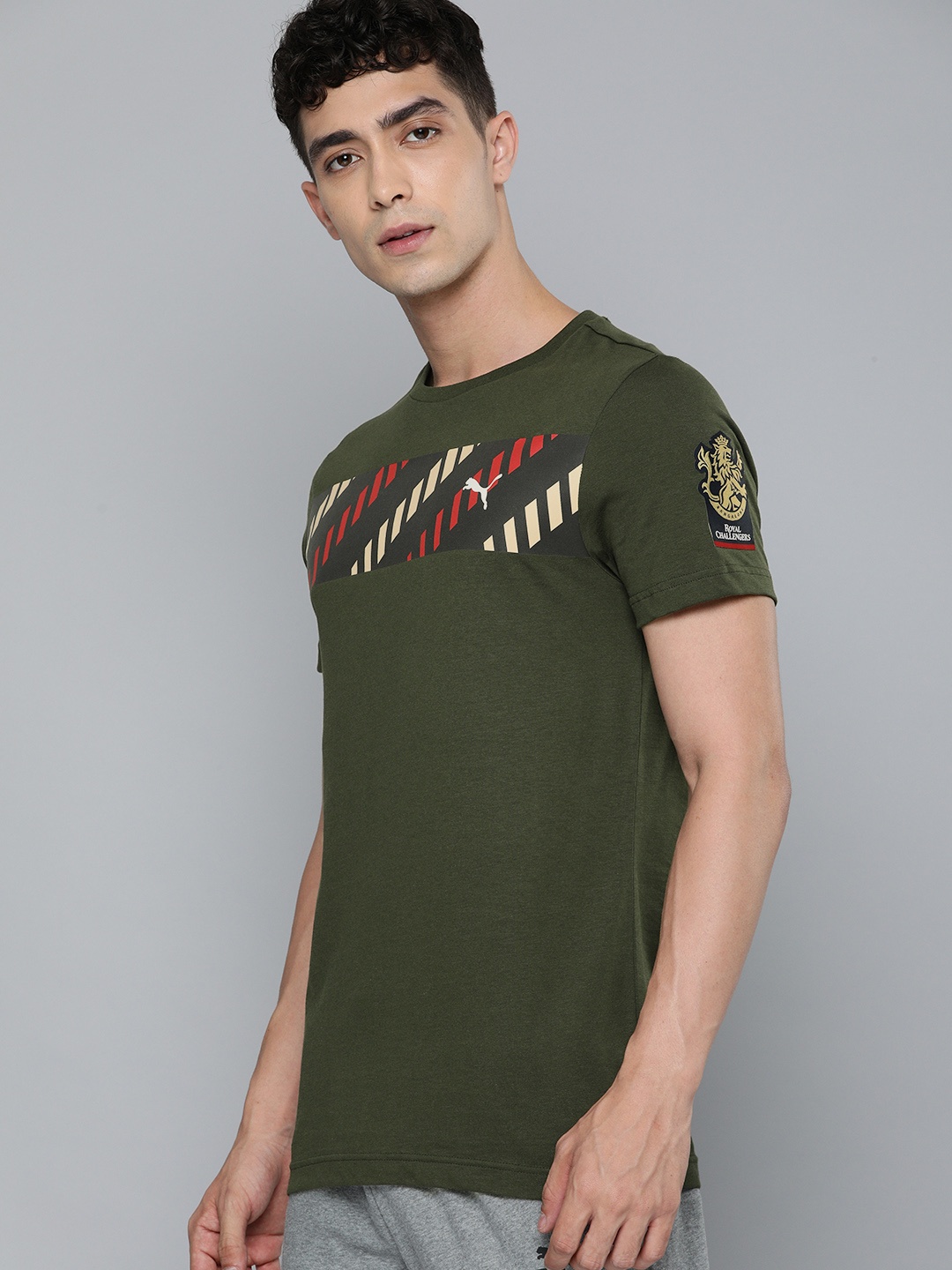 

Puma Men Green Striped Round Neck RCB Fanwear Tee 2 Pure Cotton T-shirt