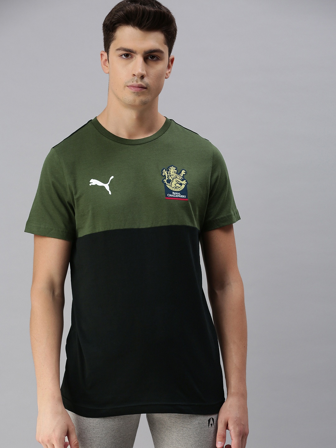 

Puma Men Black Olive Green Colourblocked RCB Fanwear Slim Fit Pure Cotton T-shirt