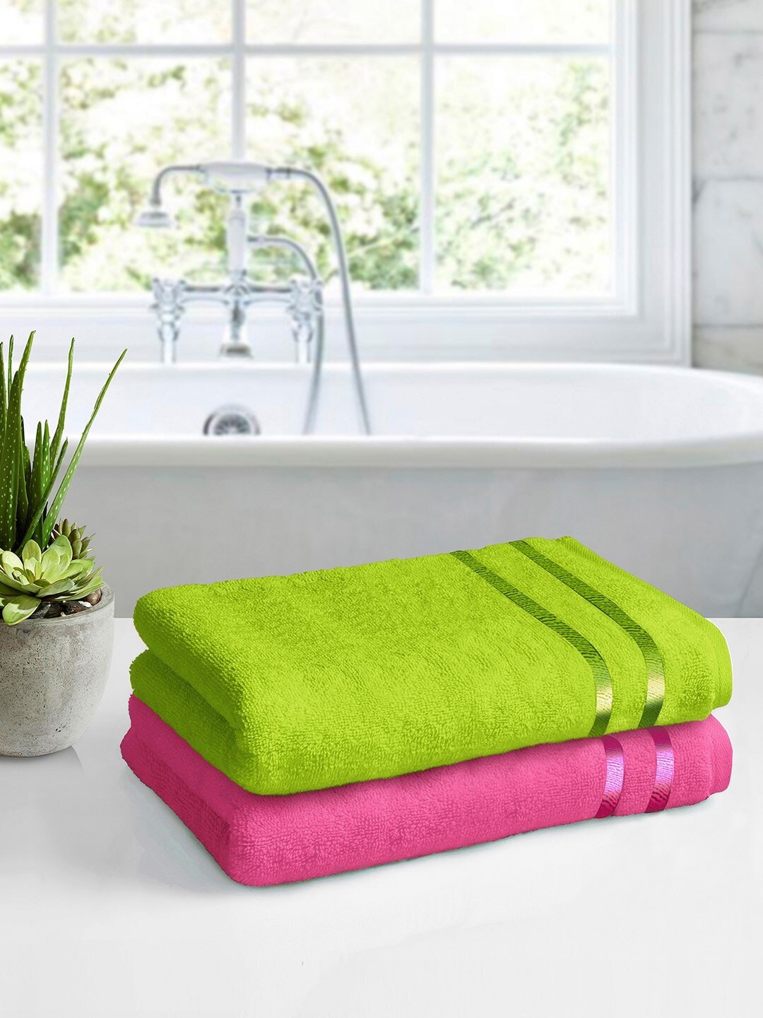 

Story@home Set Of 2 Pink & Green 450GSM Super Absorbent Cotton Medium Size Bath Towels