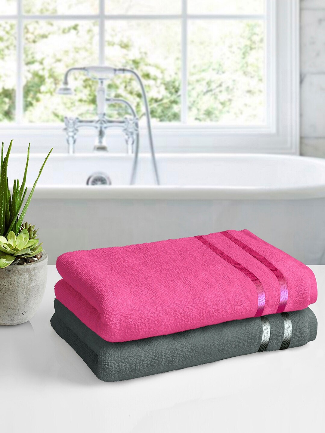 

Story@home Set Of 2 Pink & Grey Solid 450GSM Pure Cotton Medium Size Bath Towels