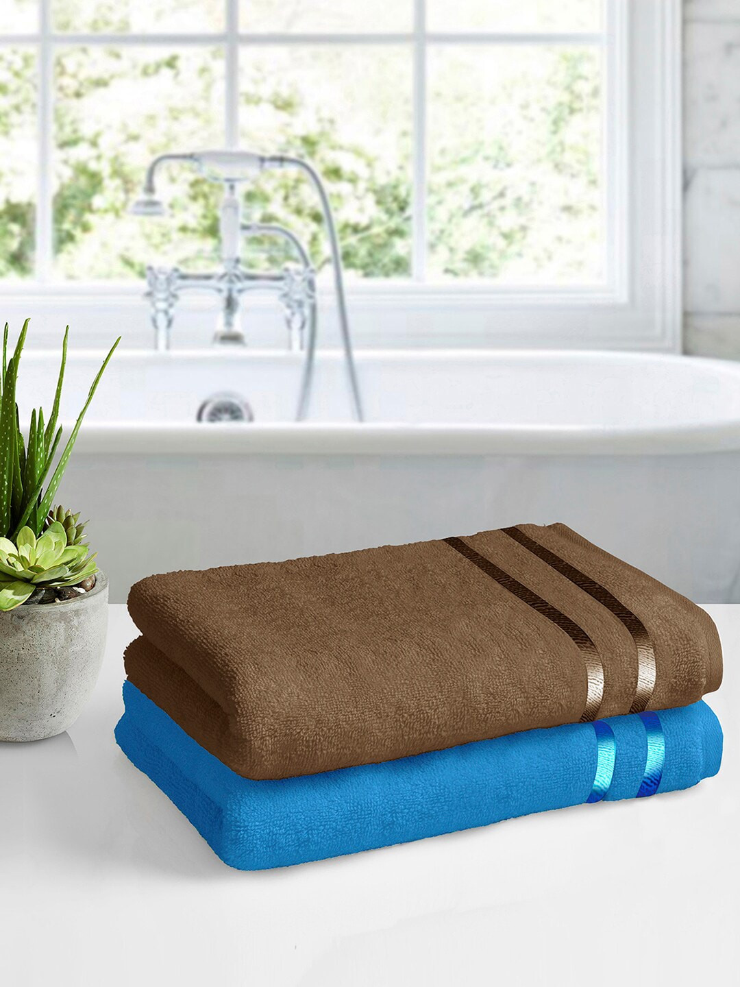 

Story@home Set Of 2 Blue & Brown Solid 450 GSM Super Absorbent Bath Towels