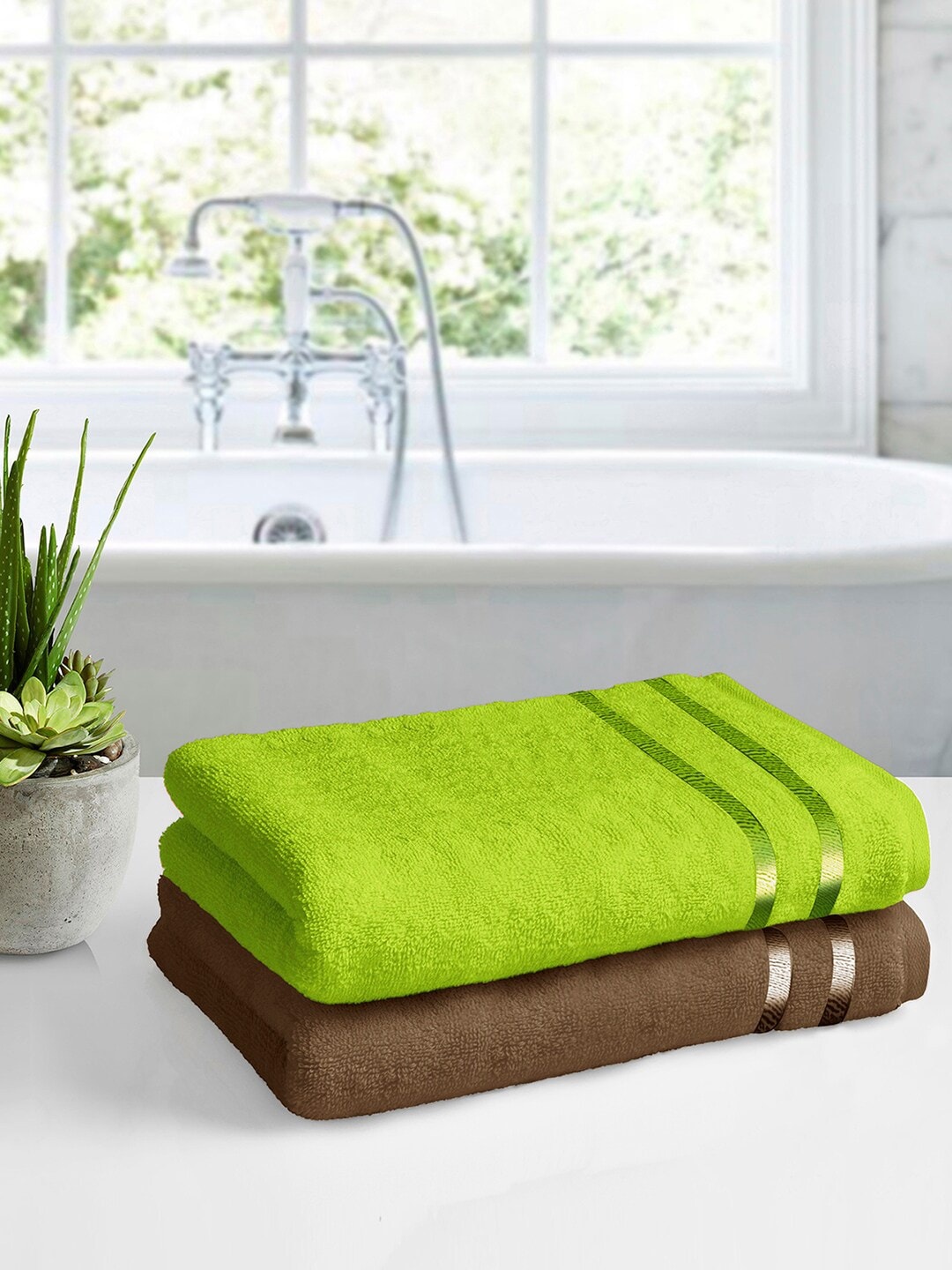 

Story@home Set Of 2 Green & Brown Solid 450 GSM Terry Cotton Bath Towels