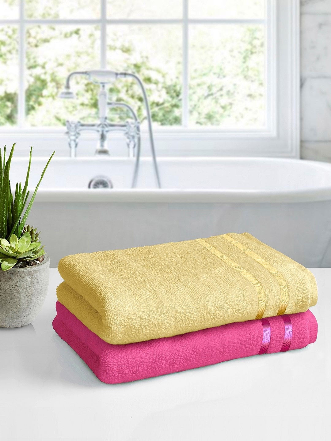 

Story@home Set Of 2 Pink & Yellow Solid 450GSM Pure Cotton Medium Size Bath Towels