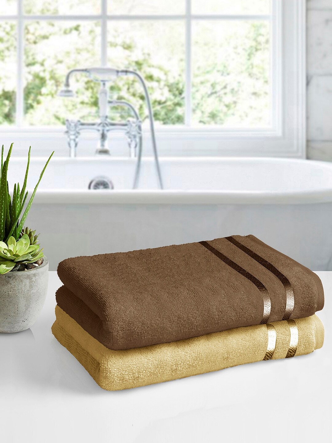 

Story@home Set Of 2 Brown & Beige 450 GSM Super Absorbent Pure Cotton Medium Bath Towels