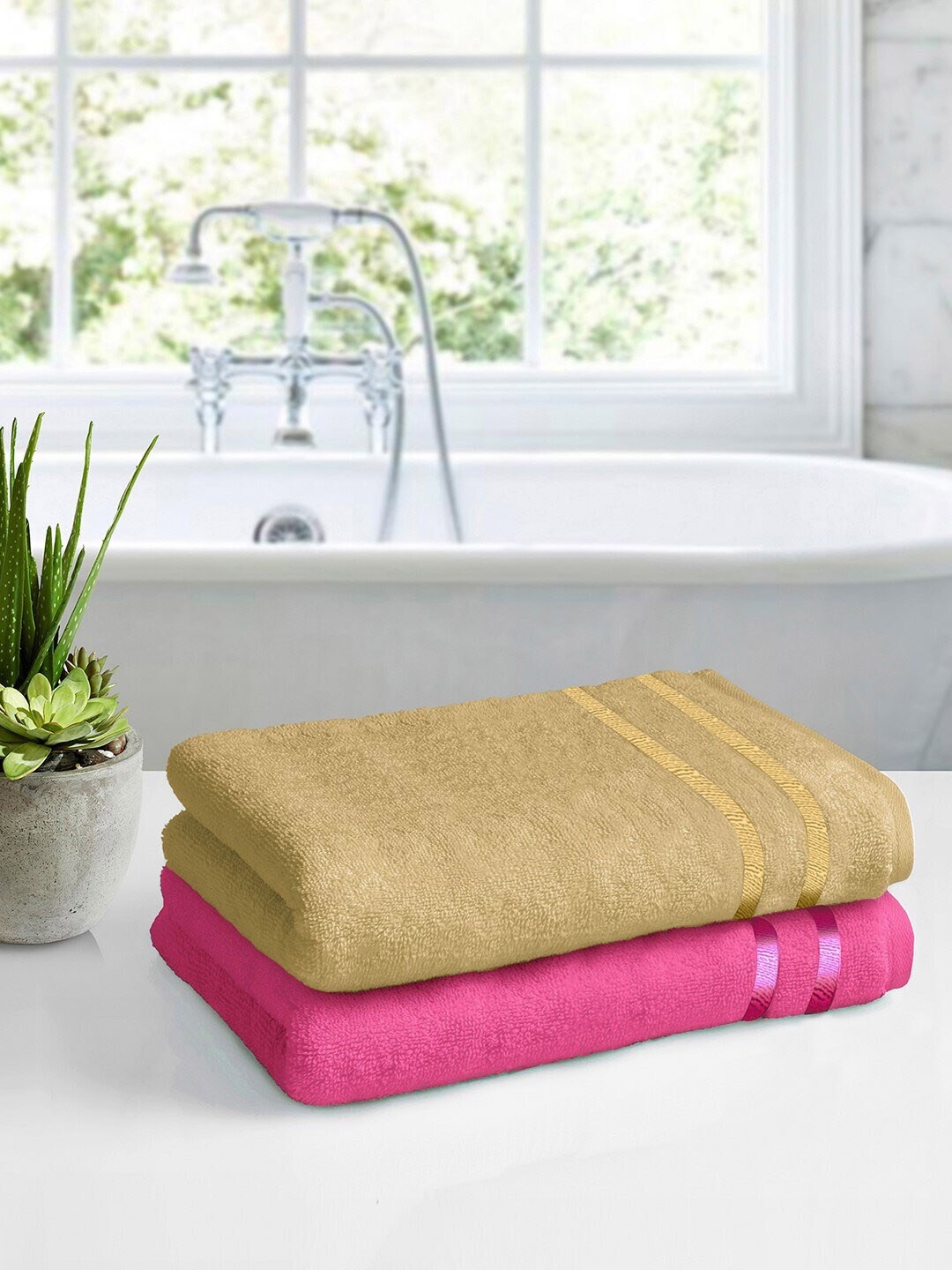 

Story@home Set Of 2 Pink & Beige Solid 450GSM Pure Cotton Medium Bath Towels