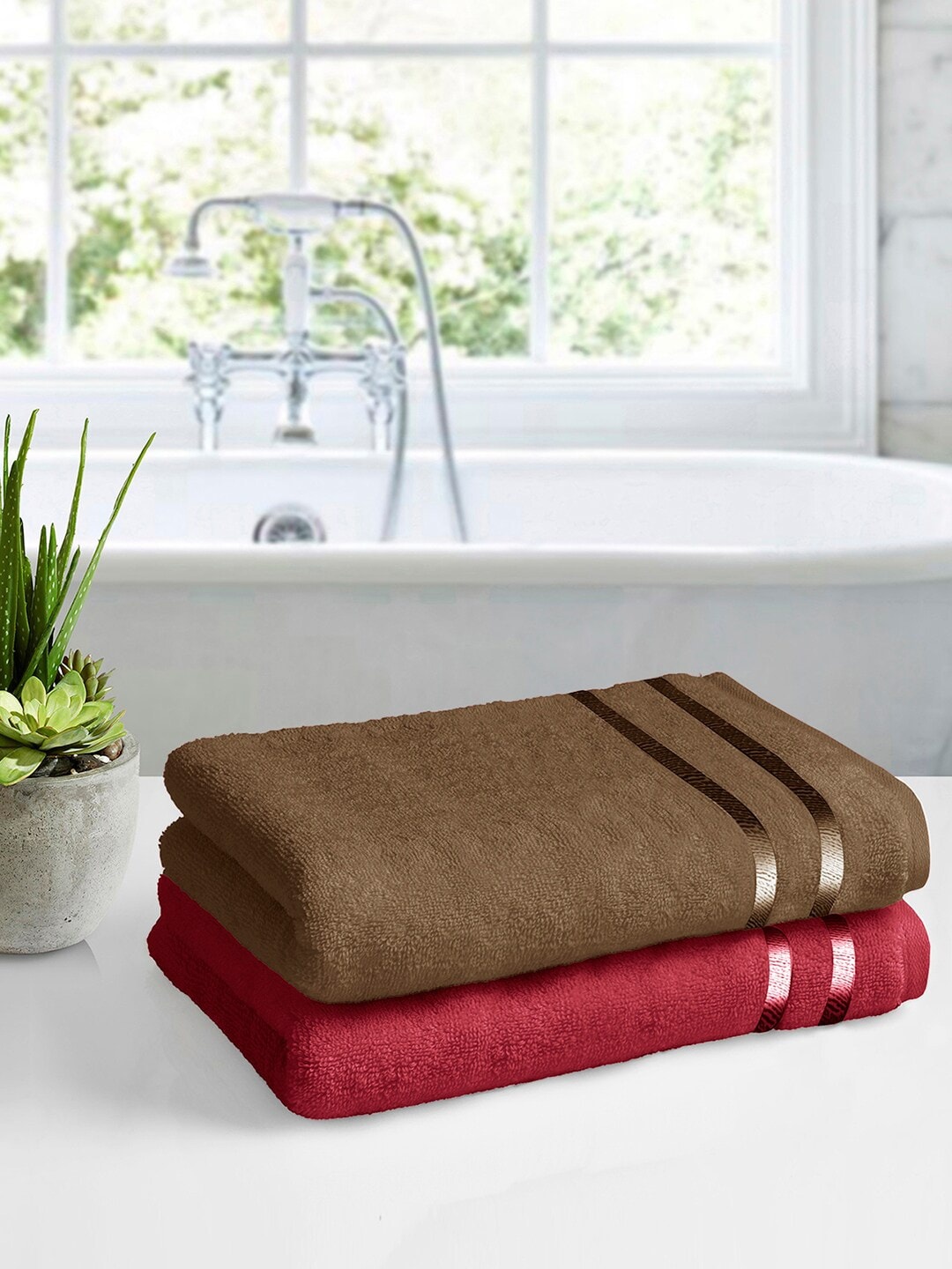 

Story@home Set Of 2 Brown & Red Solid 450 GSM Pure Cotton Medium Bath Towels