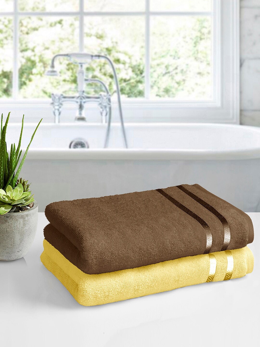 

Story@home Set Of 2 Brown & Yellow Solid 450GSM Pure Cotton Medium Bath Towels