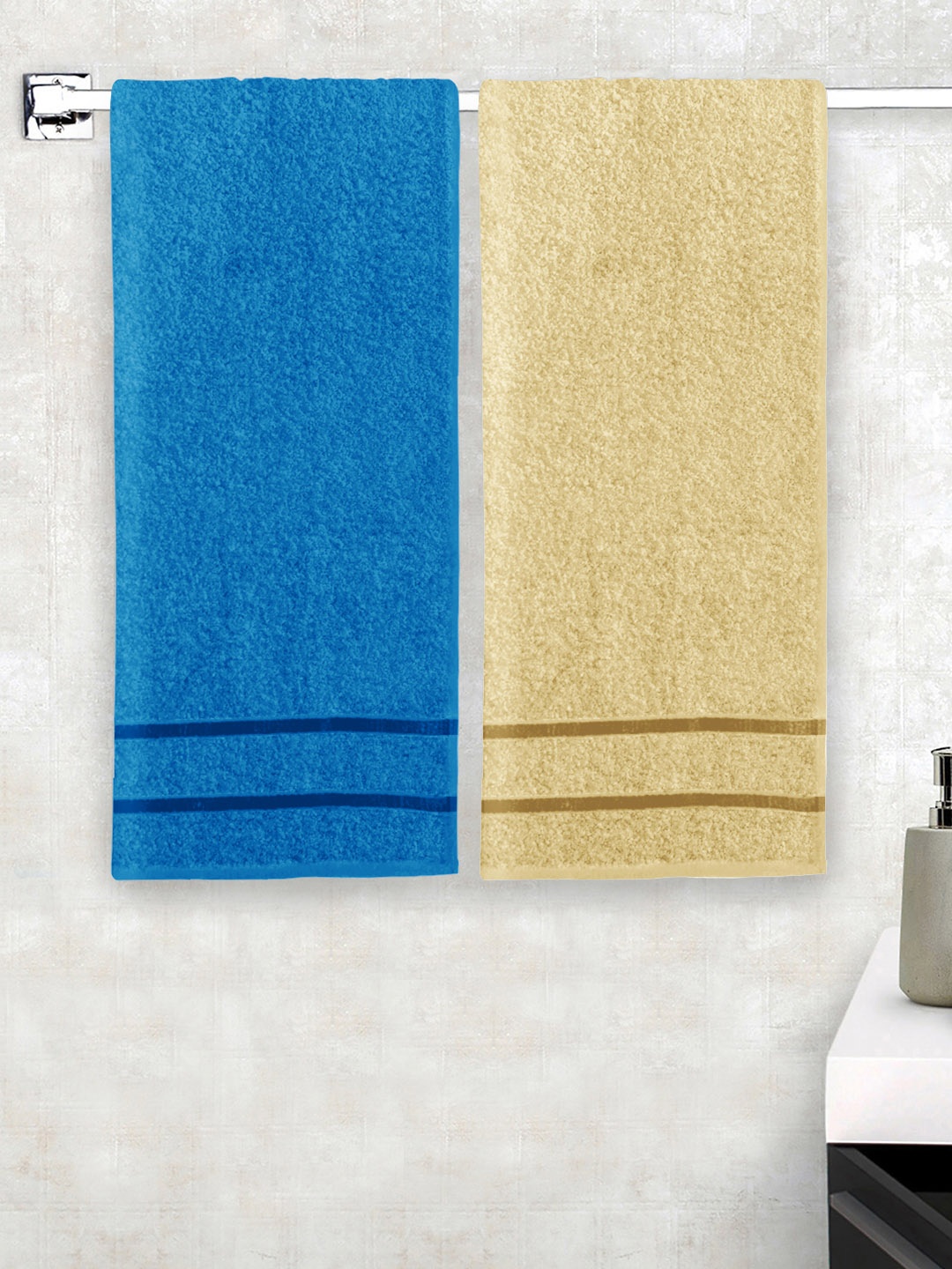 

Story@home Set Of 2 Blue & Beige Solid 450 GSM Pure Cotton Medium Bath Towels