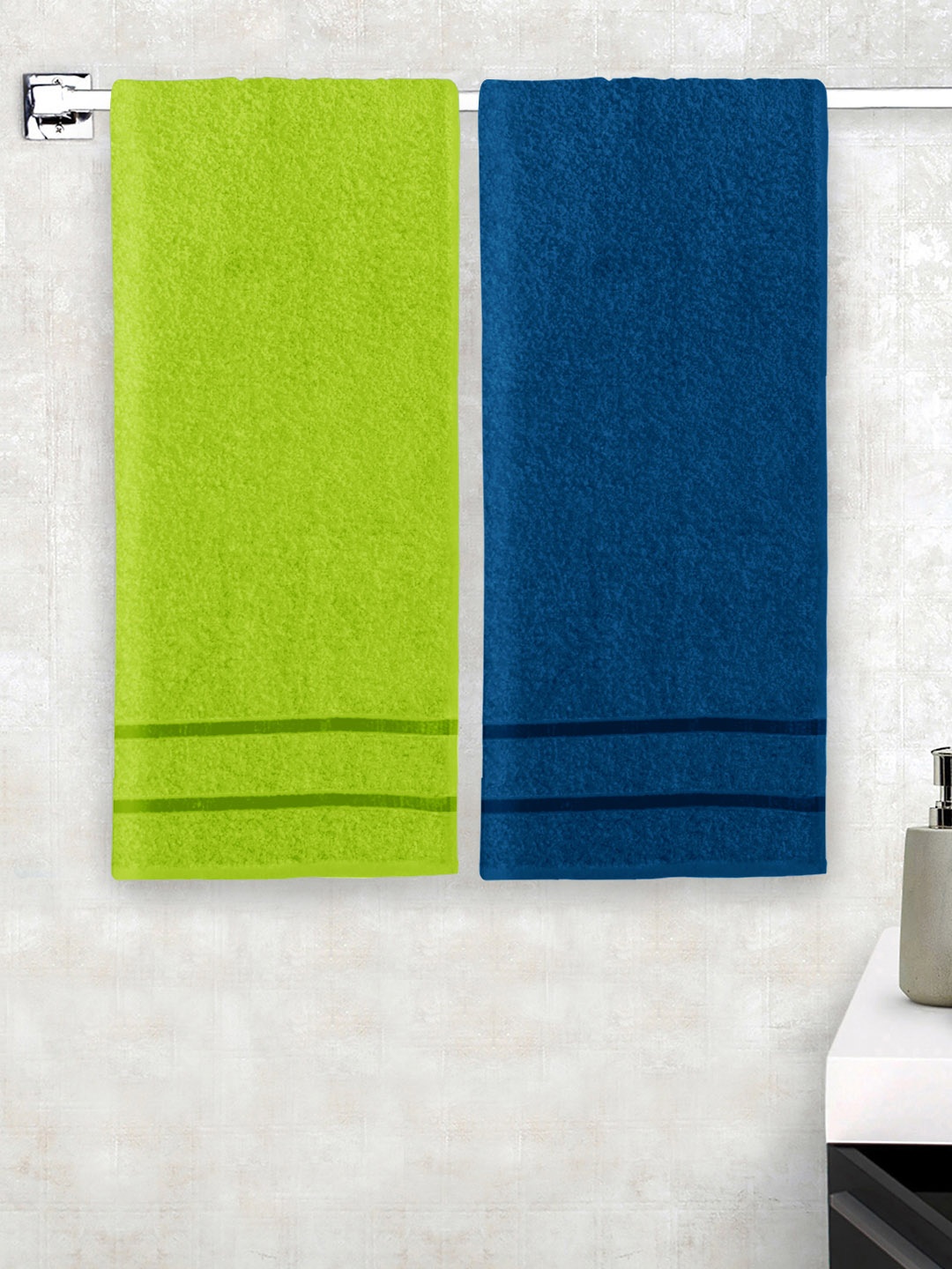 

Story@home Set Of 2 Green & Navy Blue Solid 450GSM Pure Cotton Medium Bath Towels