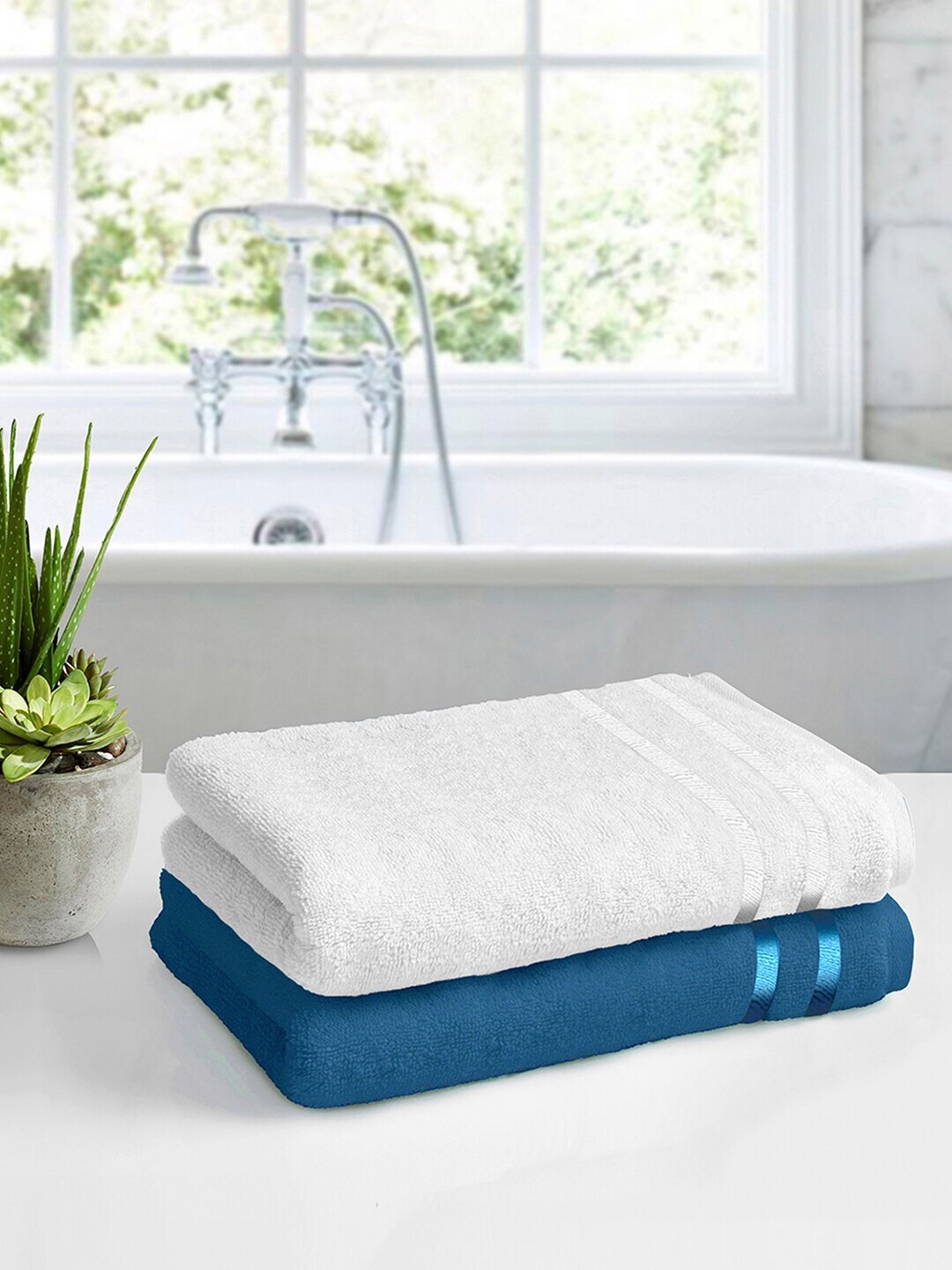 

Story@home Set Of 2 White & Blue Solid 450GSM Pure Cotton Medium Size Bath Towels