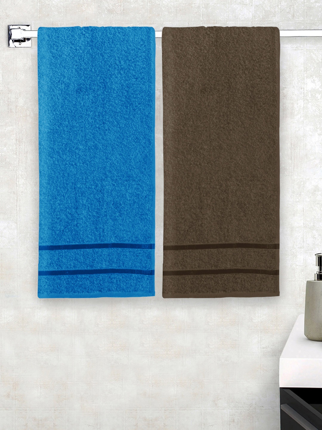 

Story@home Set Of 2 Blue & Brown Solid 450GSM Pure Cotton Medium Bath Towels