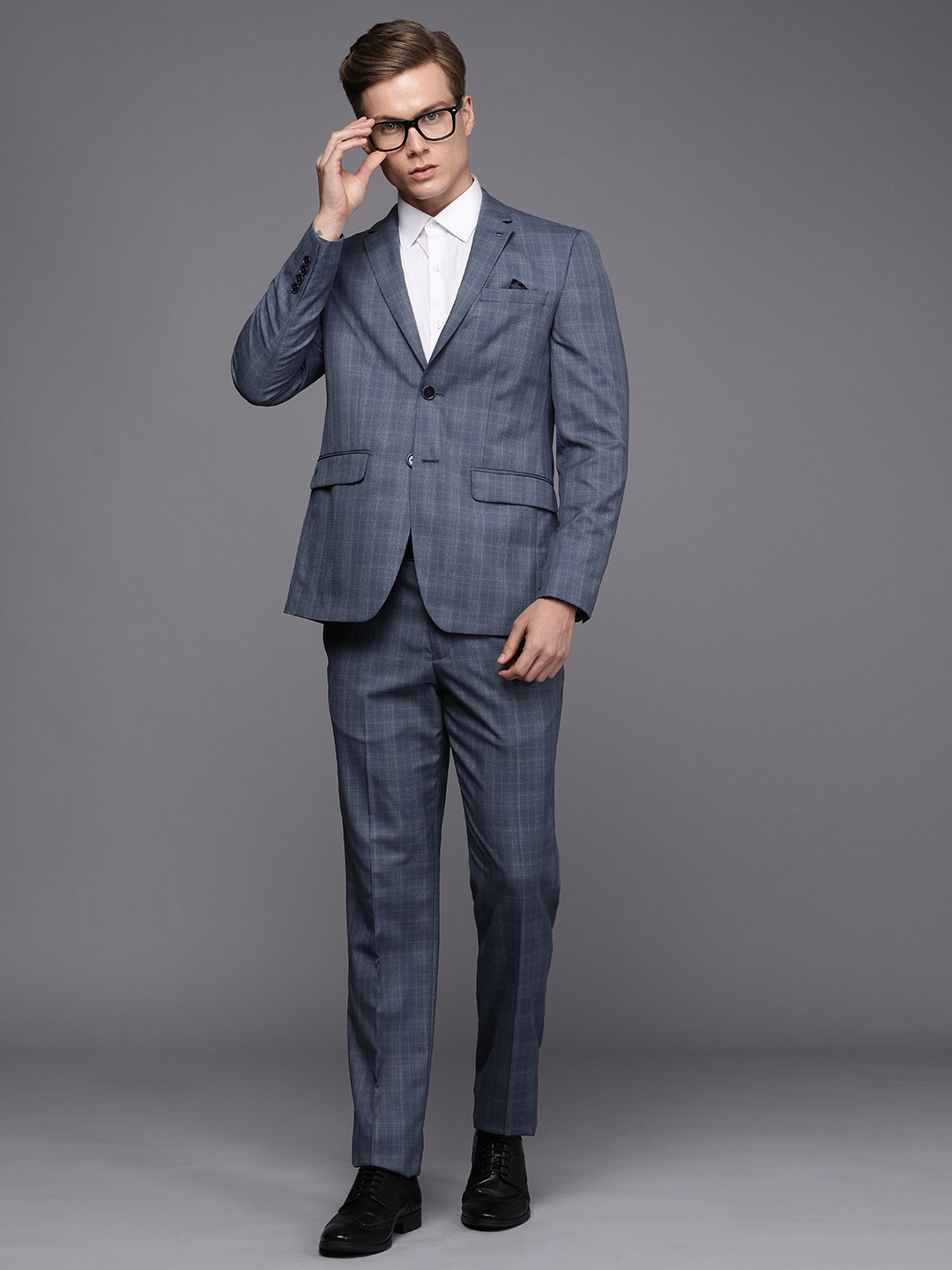 

Louis Philippe Men Blue & Beige Slim Fit Checked Single-Breasted Formal Suit