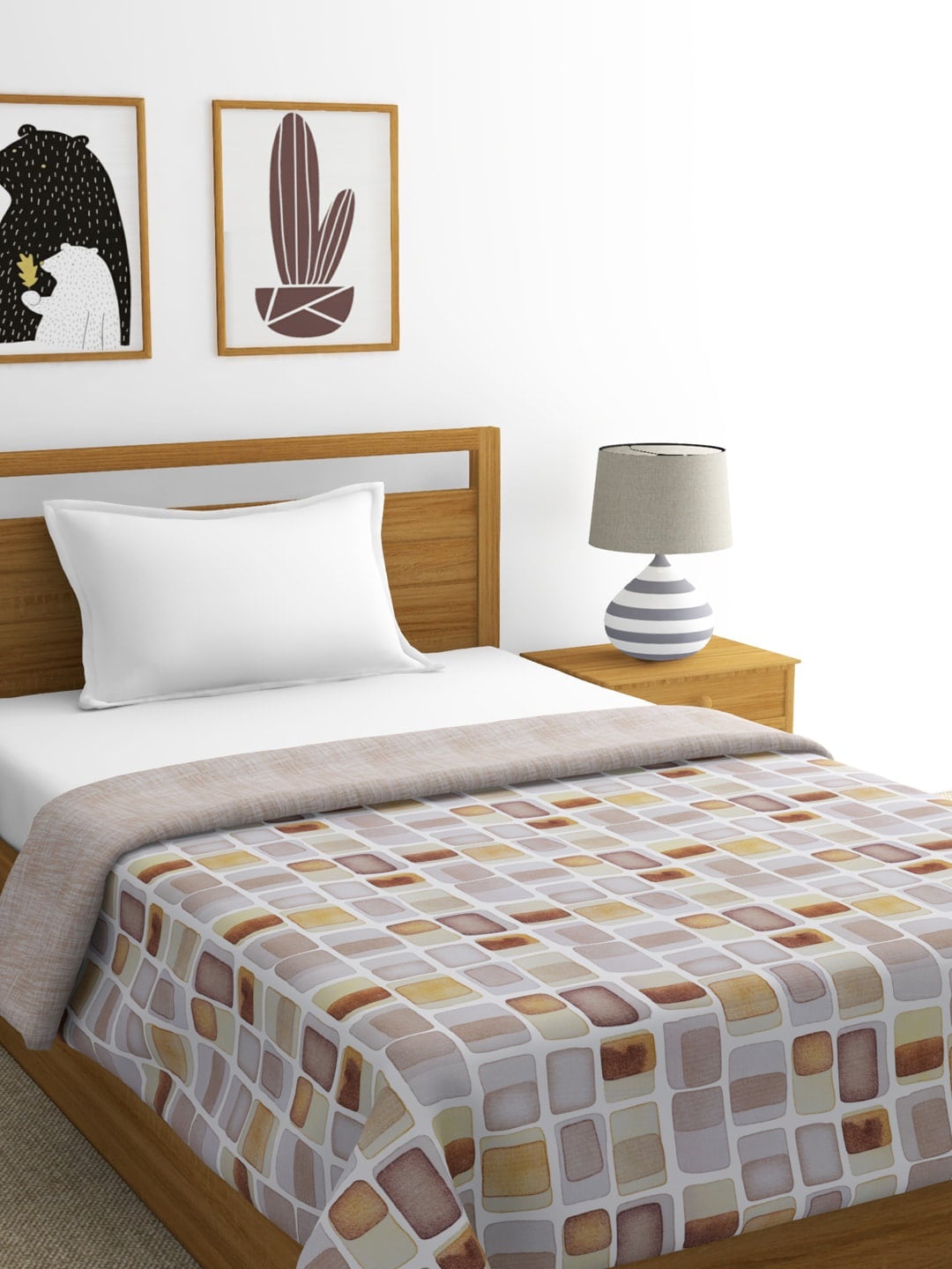 

BIANCA Khaki & Off-White Geometric Cotton AC Room 300 GSM Single Bed Dohar