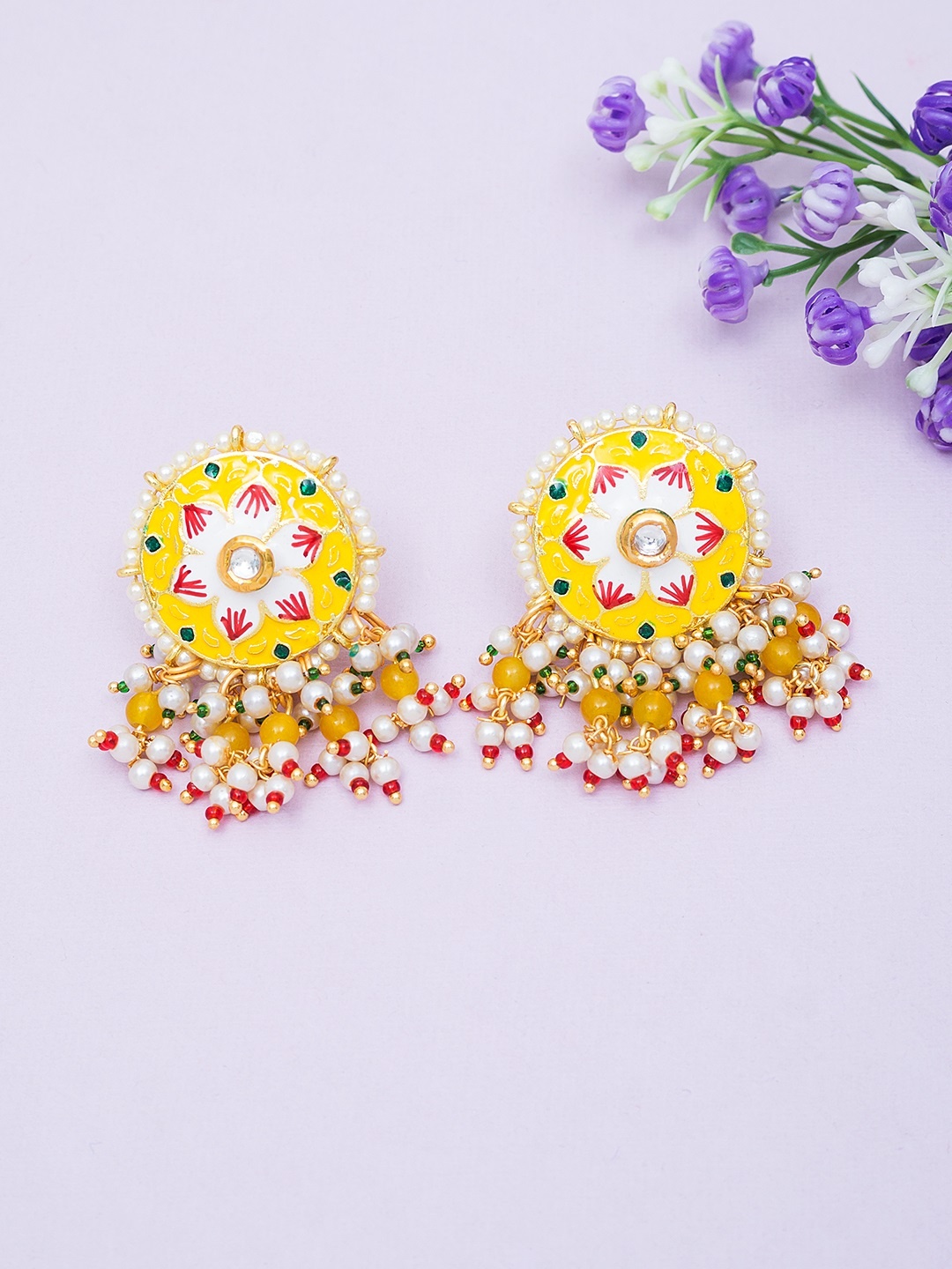 

Golden Peacock Yellow & White Stone-Studded & Beaded Enamelled Circular Drop Earrings
