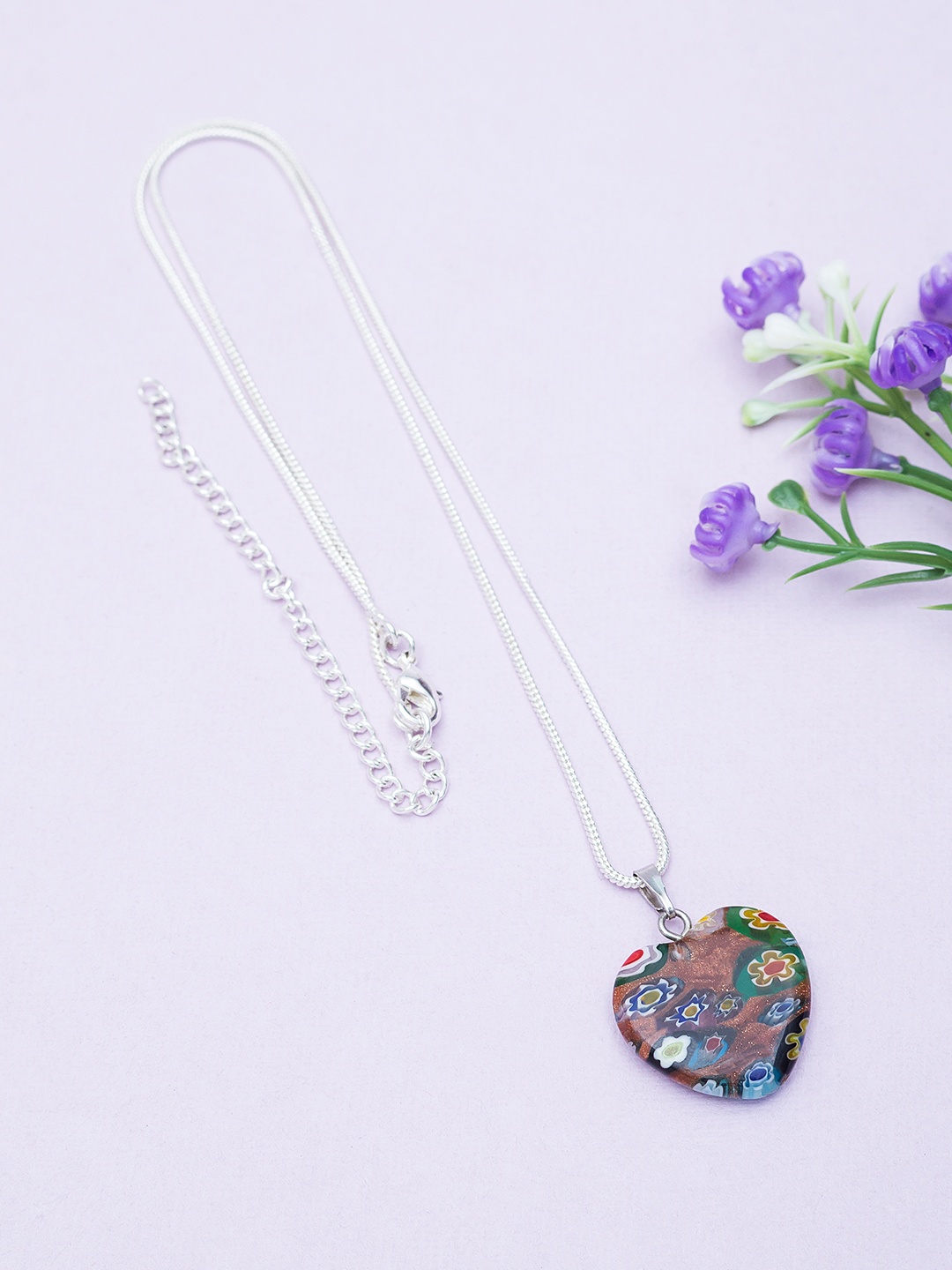 

Golden Peacock Women Silver-Toned & Brown Heart Shaped Pendant with Chain