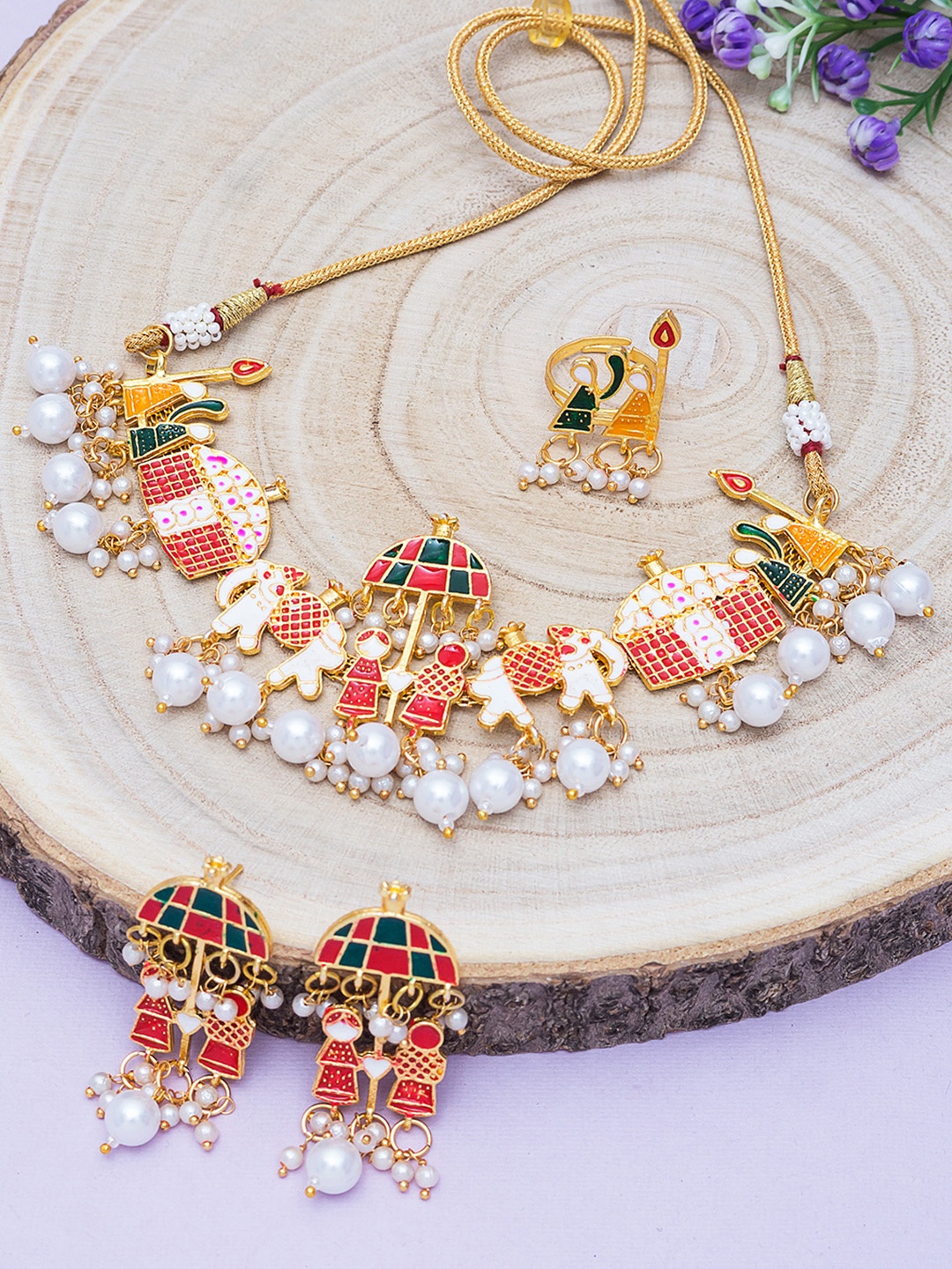 

Golden Peacock Gold-Toned Beaded Doli Barati Shaped Meenakari Choker Jewellery Set