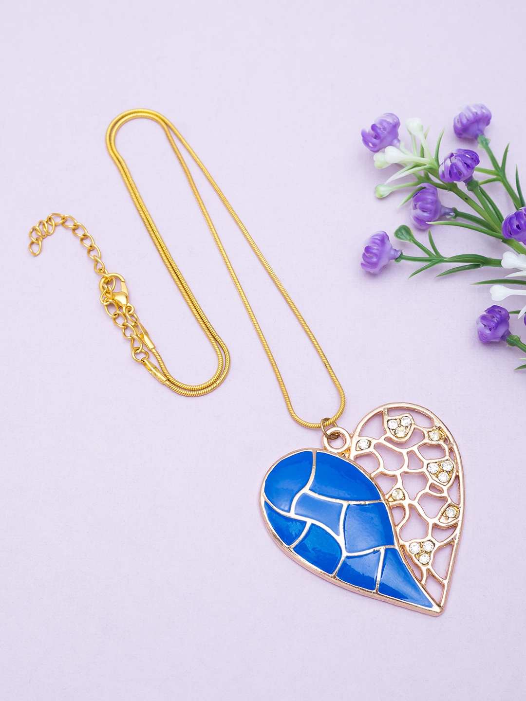 

Golden Peacock Gold-Toned & Blue Stone-Studded Heart Shaped Enamelled Pendant & Chain