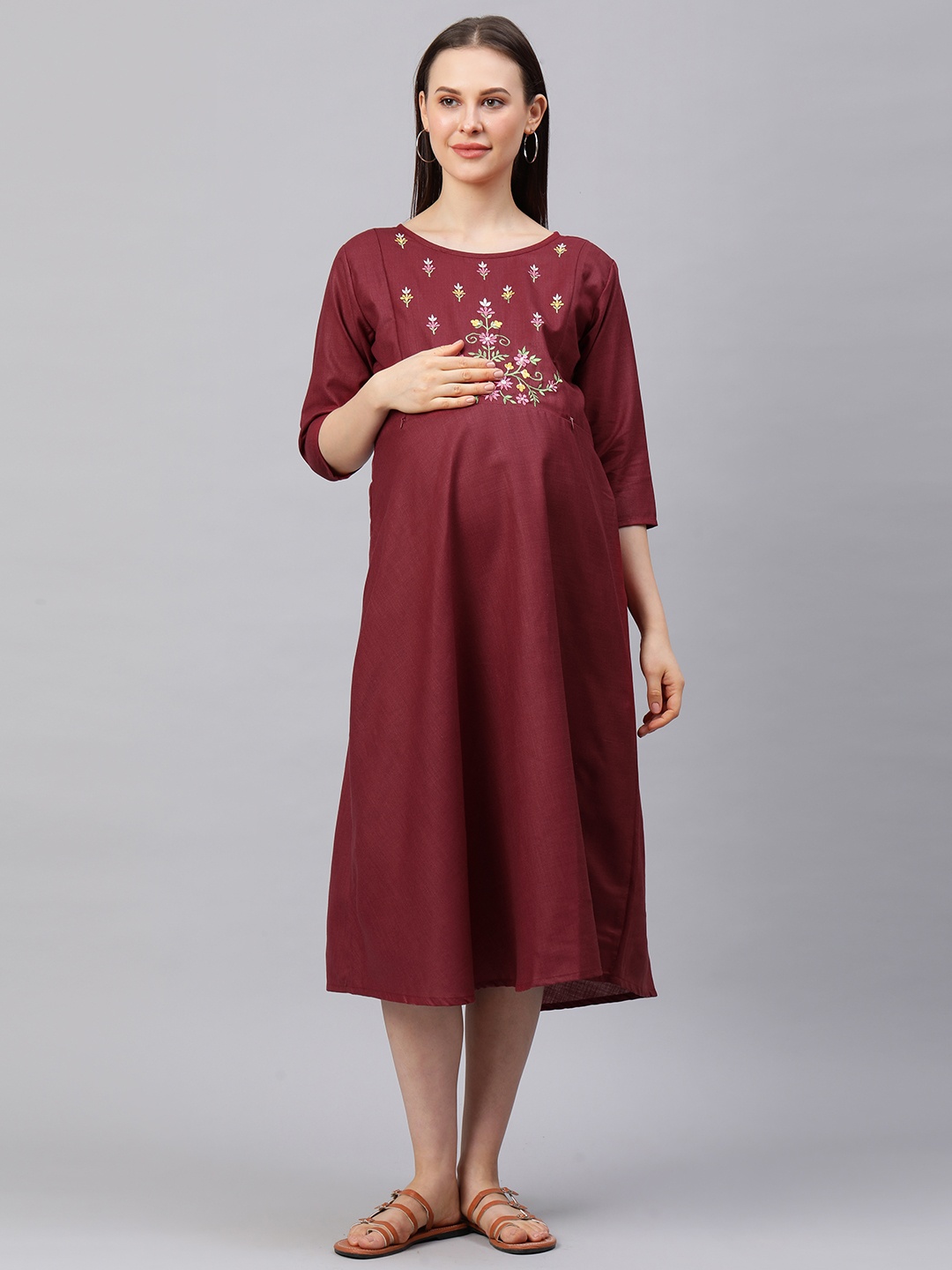 

MomToBe Maroon Floral Embroidered Maternity Dress