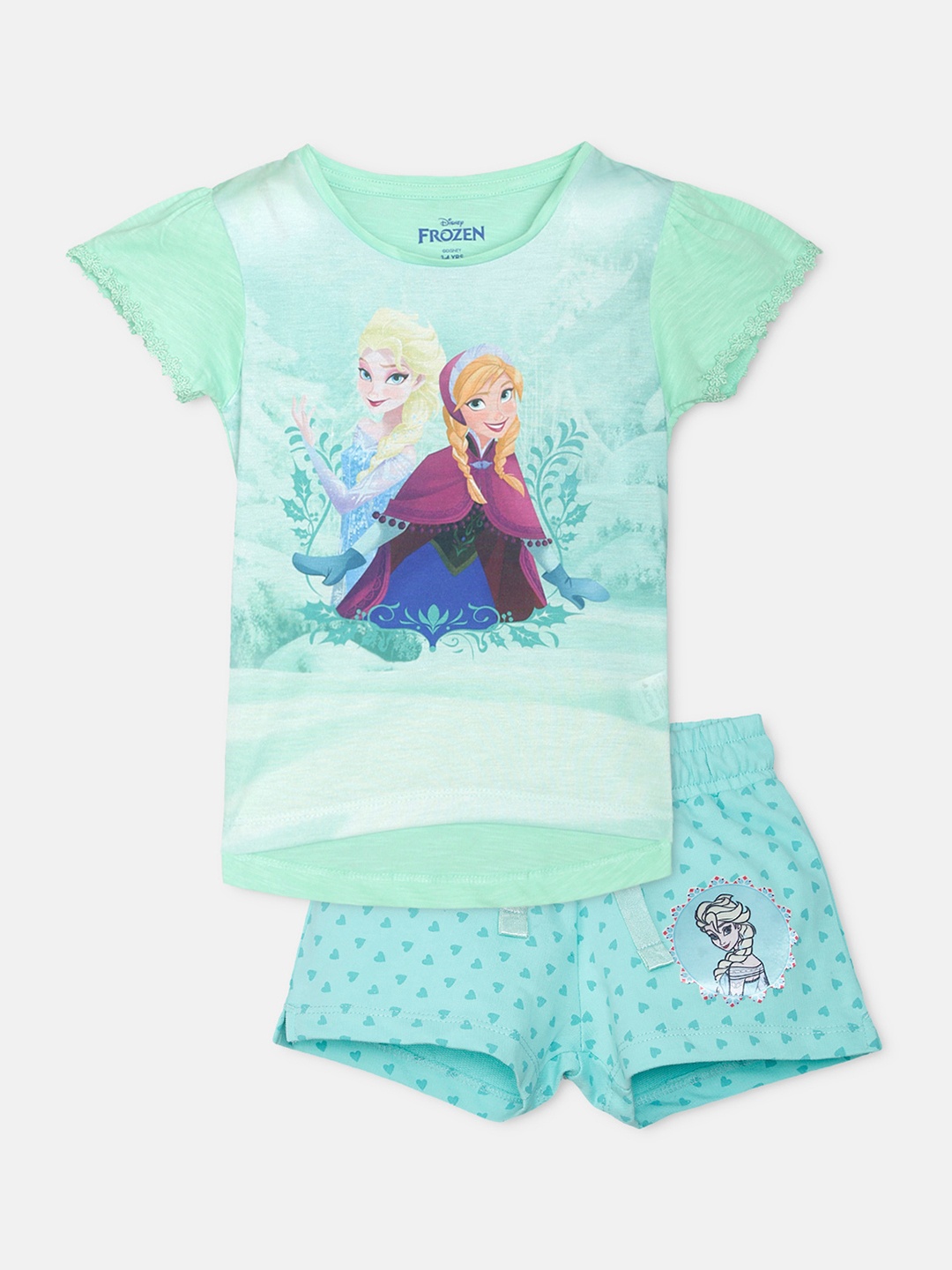 

Kids Ville Girls Sea Green & Purple Frozen Printed T-shirt with Shorts