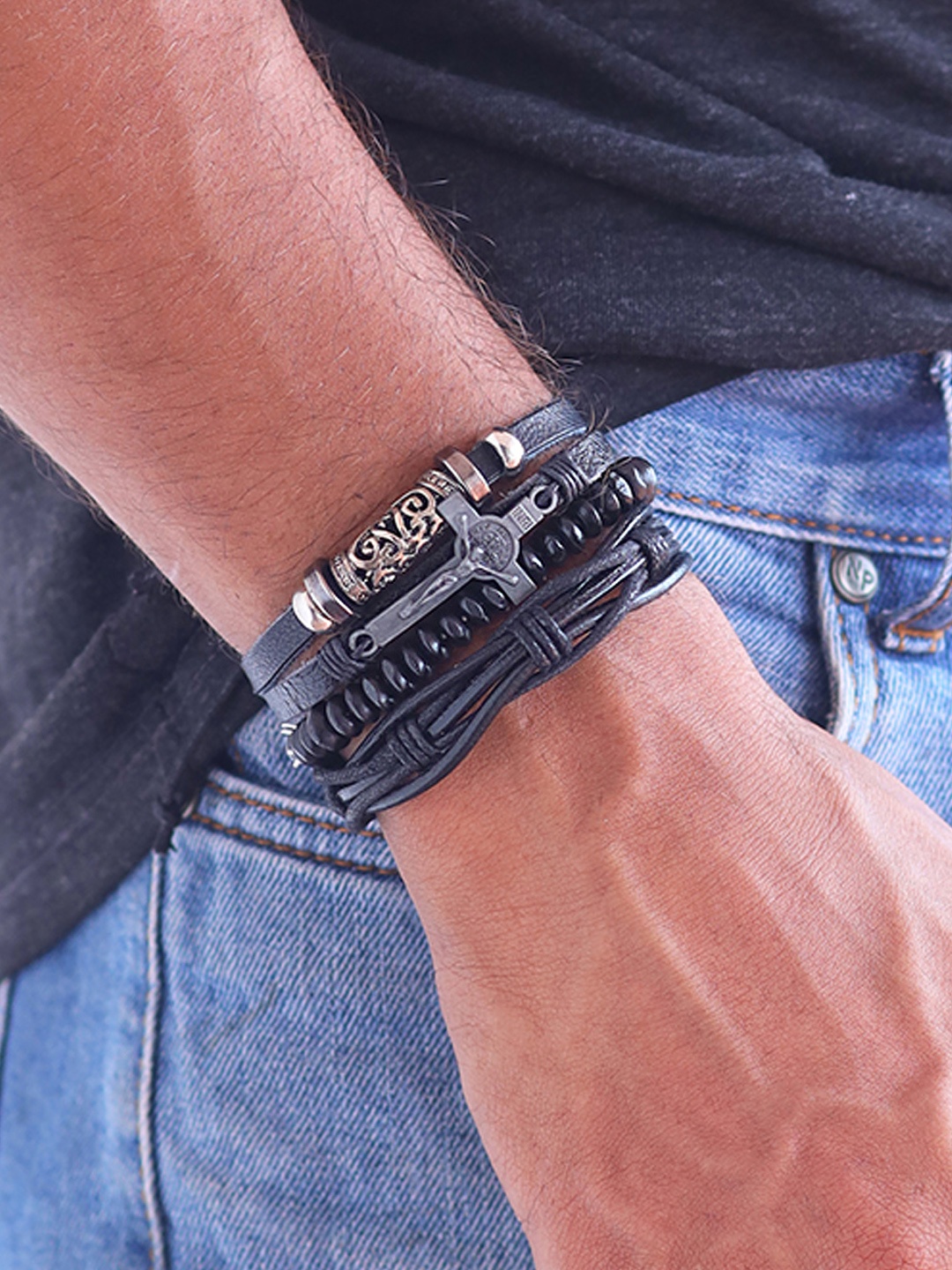 

UNKNOWN by Ayesha Men Set of 3 Black Leather Braided & Beaded Cross Multi-Layered Bracelet