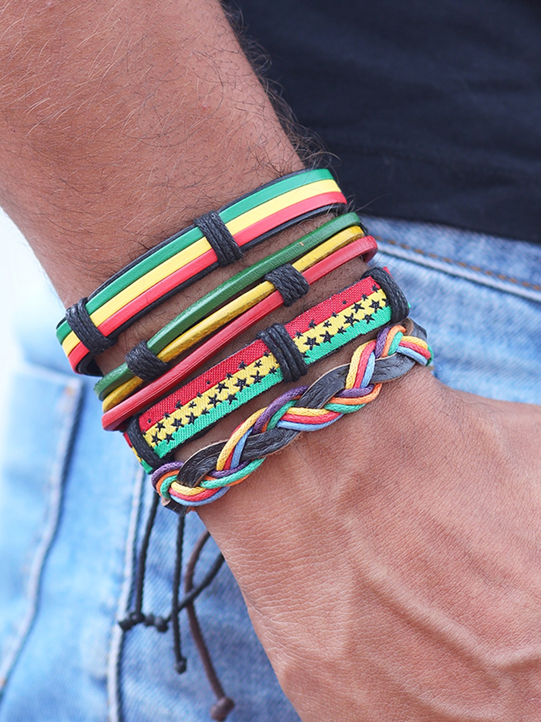 

UNKNOWN by Ayesha Men Set of 5 Multicoloured Leather Multistrand Bracelet, Multi