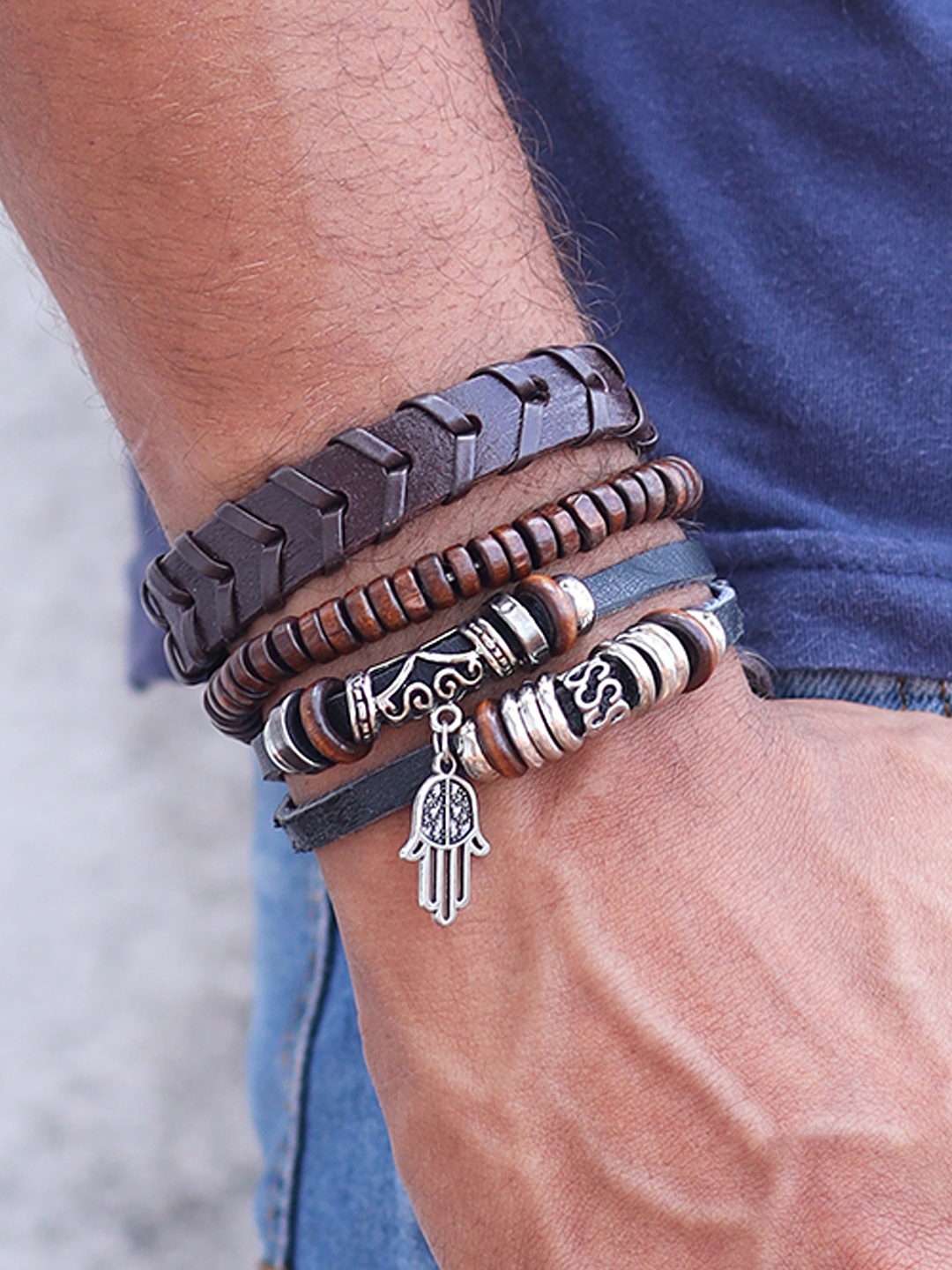 

UNKNOWN by Ayesha Men Set of 3 Braided & Beaded Hamsa Multi-Layer Bracelet Set, Black