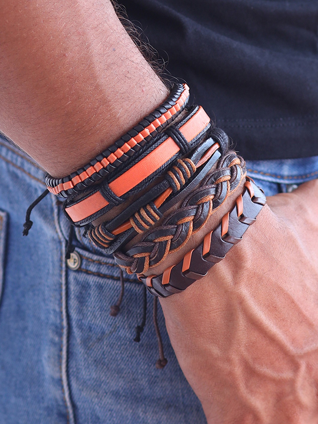 

UNKNOWN by Ayesha Men Set of 5 Braided Brown & Orange Multi-layer Bracelet Set