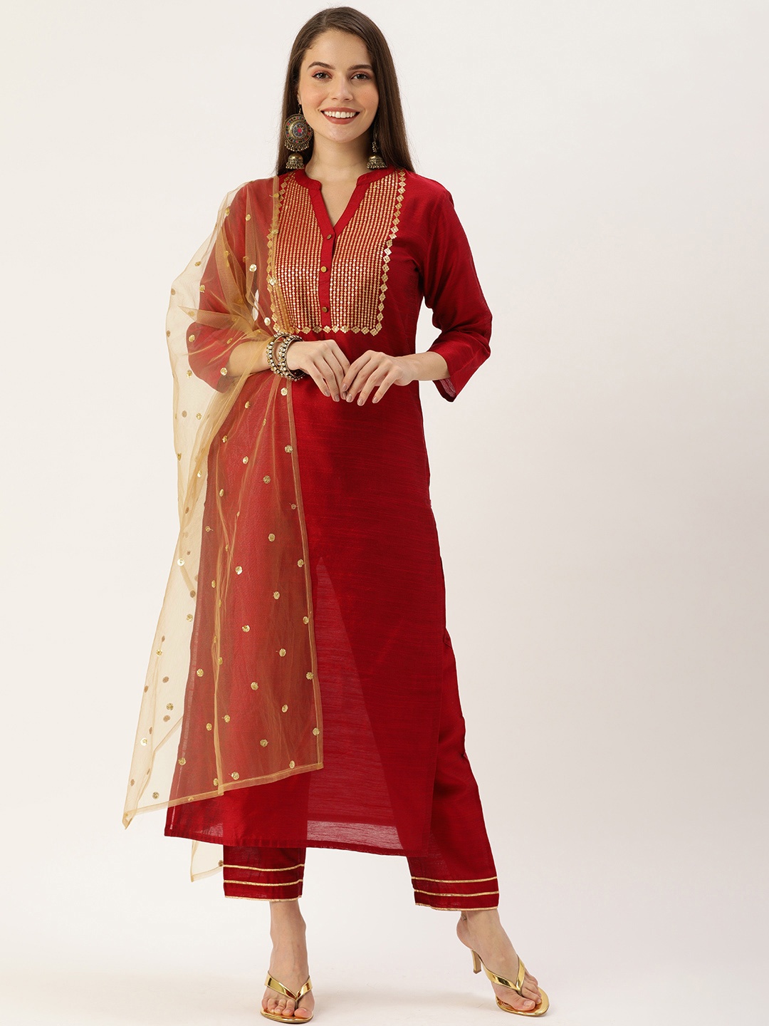 

Varanga Women Maroon Yoke Design Sequinned Kurta with Trousers & With Dupatta