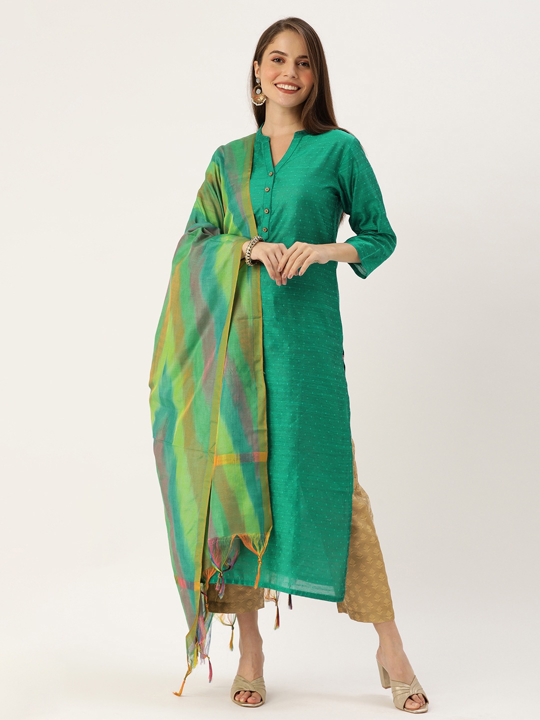 

Varanga Women Teal Green & Golden Woven Design Kurta with Trousers & Dupatta