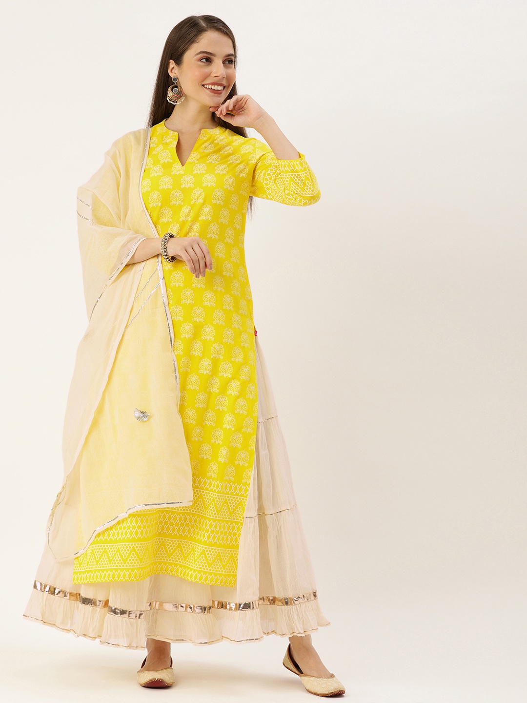 

Varanga Women Yellow & Off-White Floral Printed Pure Cotton Kurta with Skirt & Dupatta