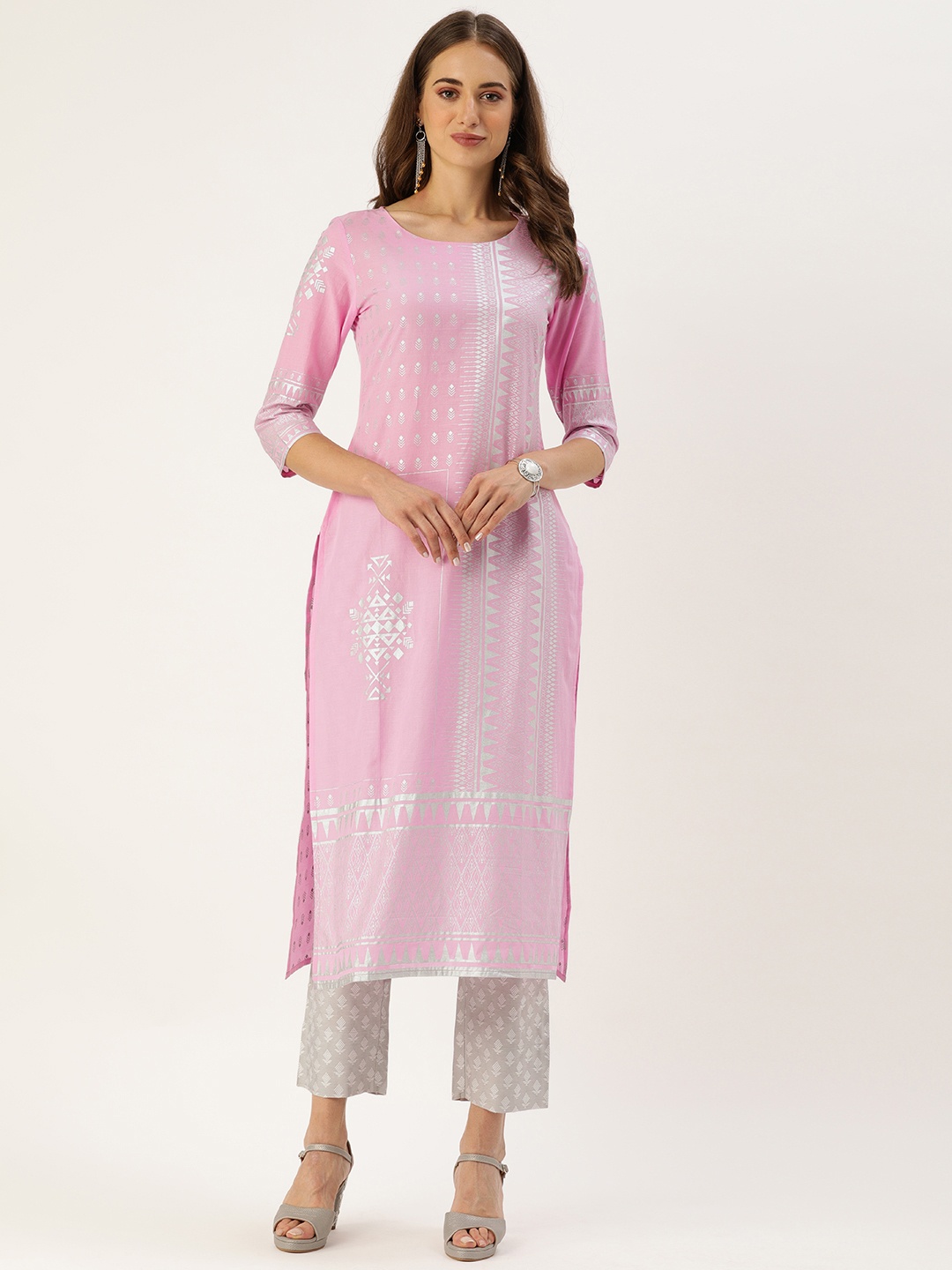 

Varanga Women Pink & Silver-Coloured Printed Pure Cotton Kurta with Trousers