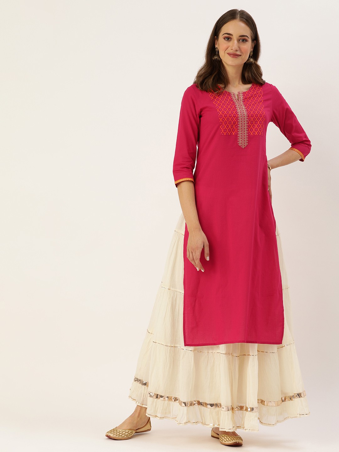 

Varanga Women Pink & Off-White Yoke Design Pure Cotton Kurta with Skirt