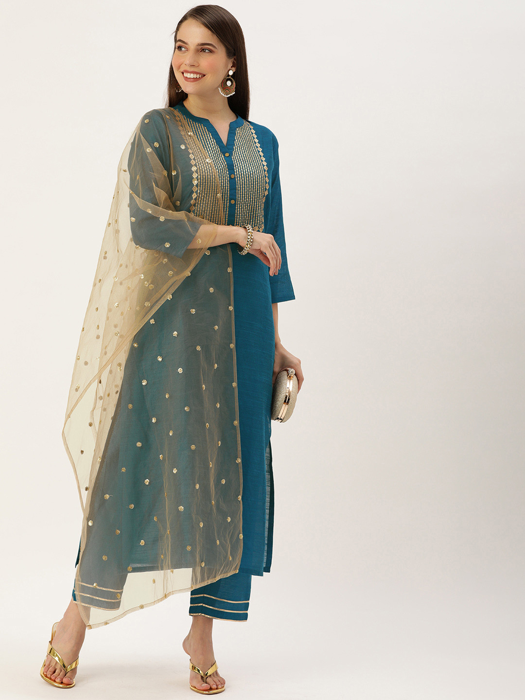 

Varanga Women Teal Blue Sequinned Yoke Design Kurta with Trousers & Dupatta