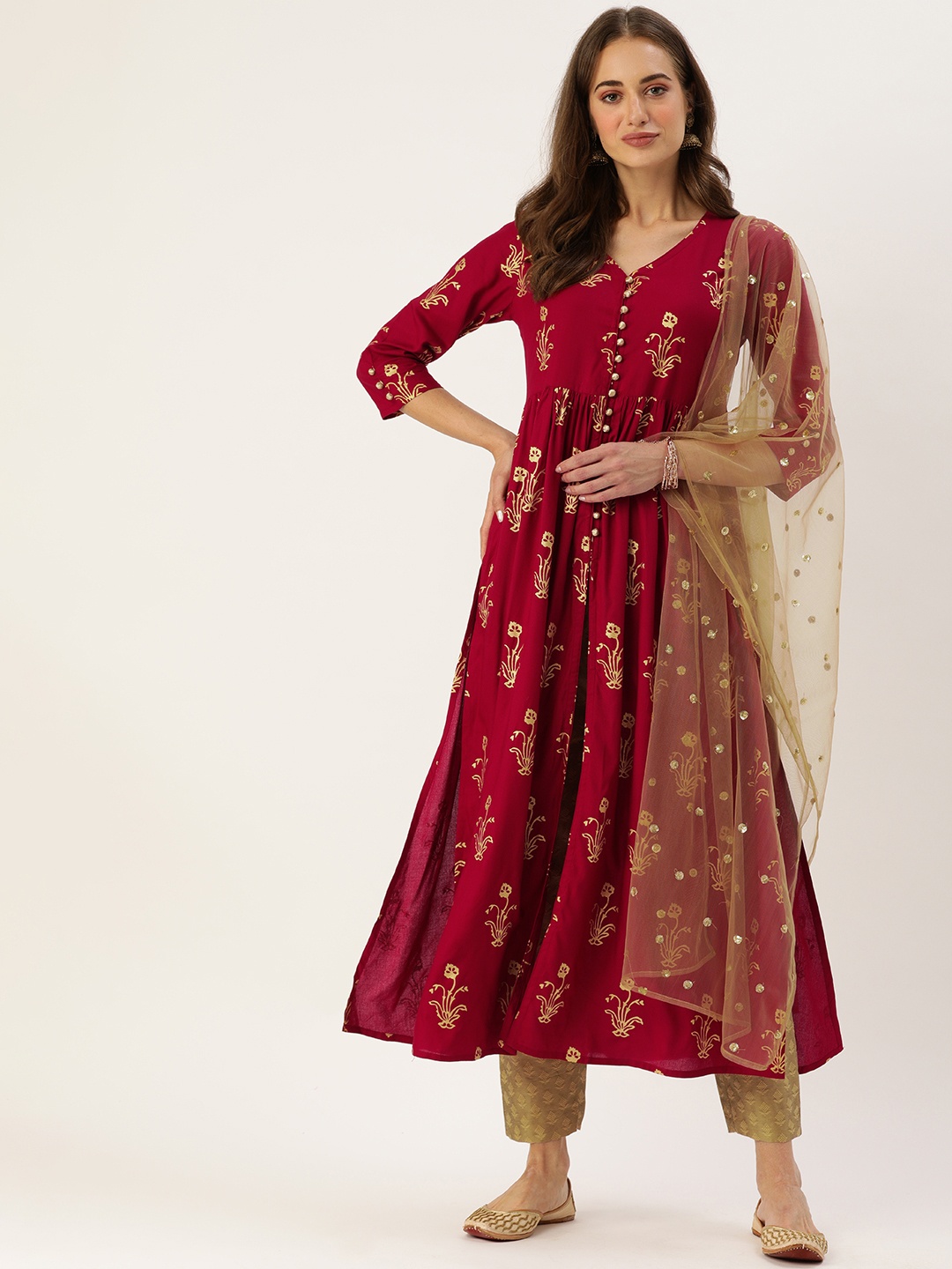 

Varanga Women Maroon Floral Printed Kurta with Trousers & With Dupatta