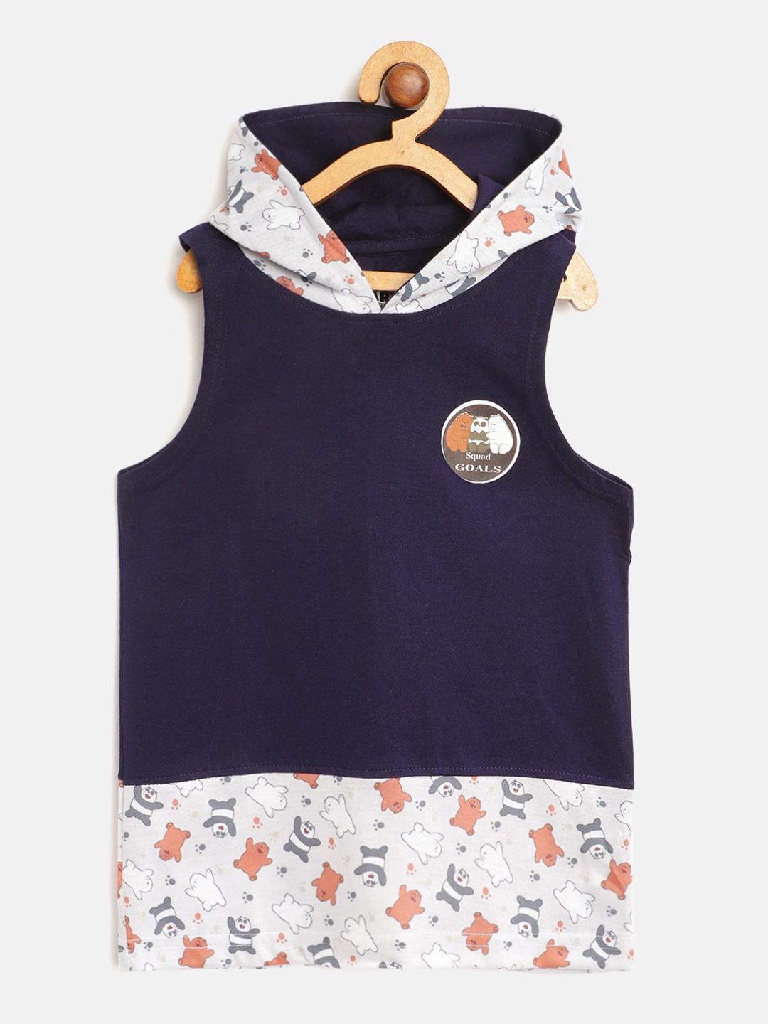 

Eteenz Boys Navy Blue Grey We Bear Bears Print Pure Cotton Hooded Pure Cotton T-shirt