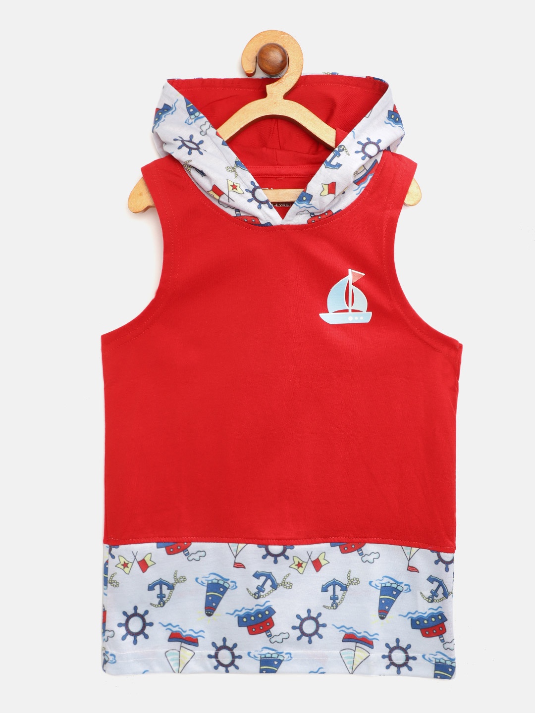

Eteenz Boys Red Blue Nautical Print Pure Cotton Hooded Pure Cotton T-shirt