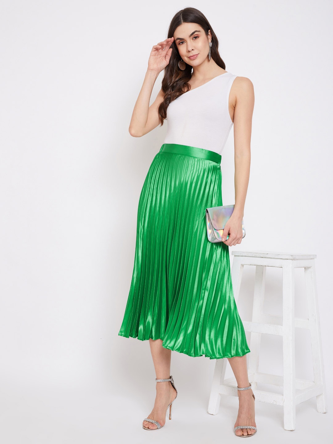 Uptownie Lite Women Satin Accordion Pleated Midi Skirt, Green