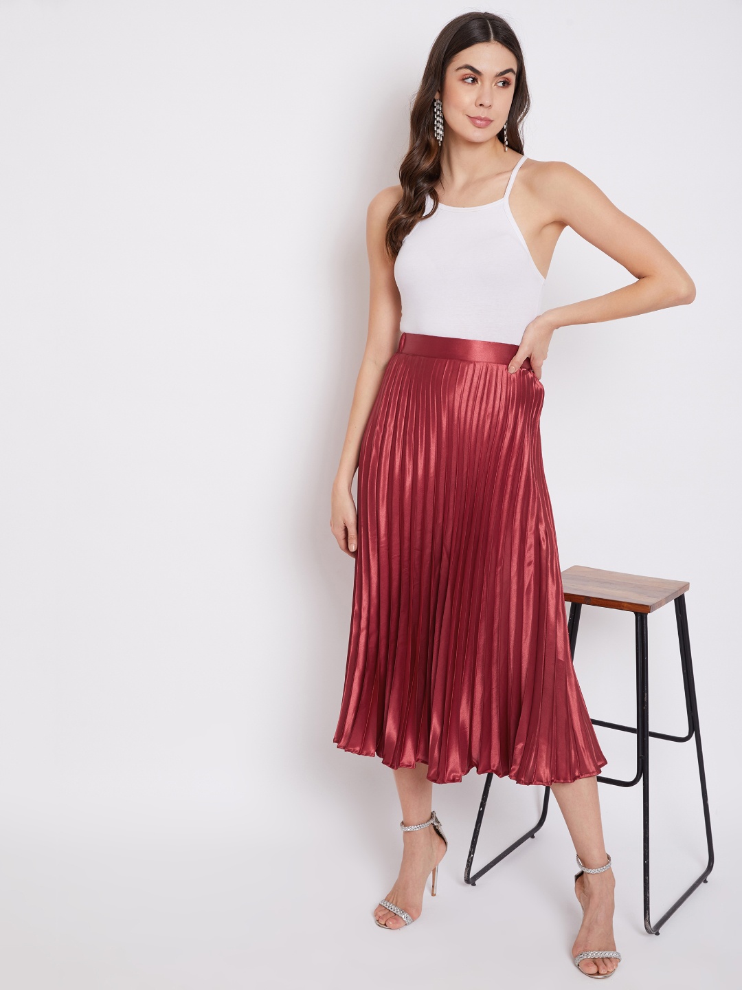 

Uptownie Lite Women Satin Accordion Pleated Midi Skirt, Maroon